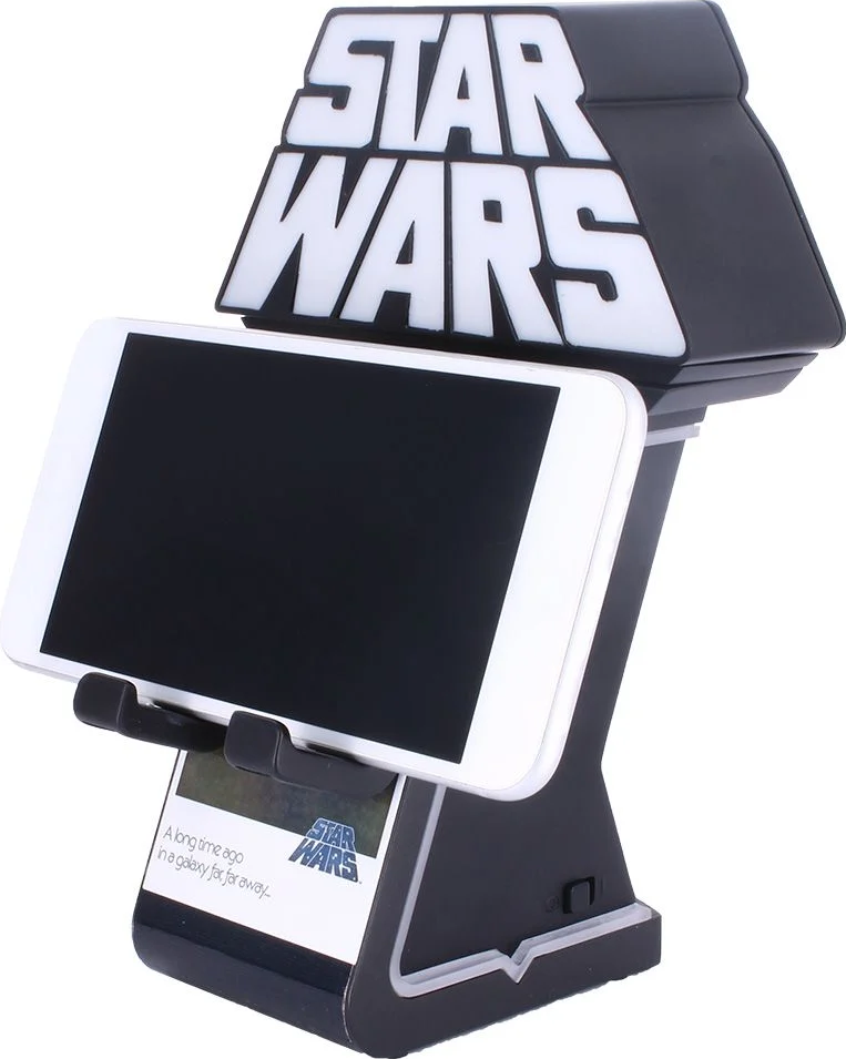 Star Wars Telefonständer mit eingelegtem Telefon. Schwarz-weißes Design mit Star Wars Logo.