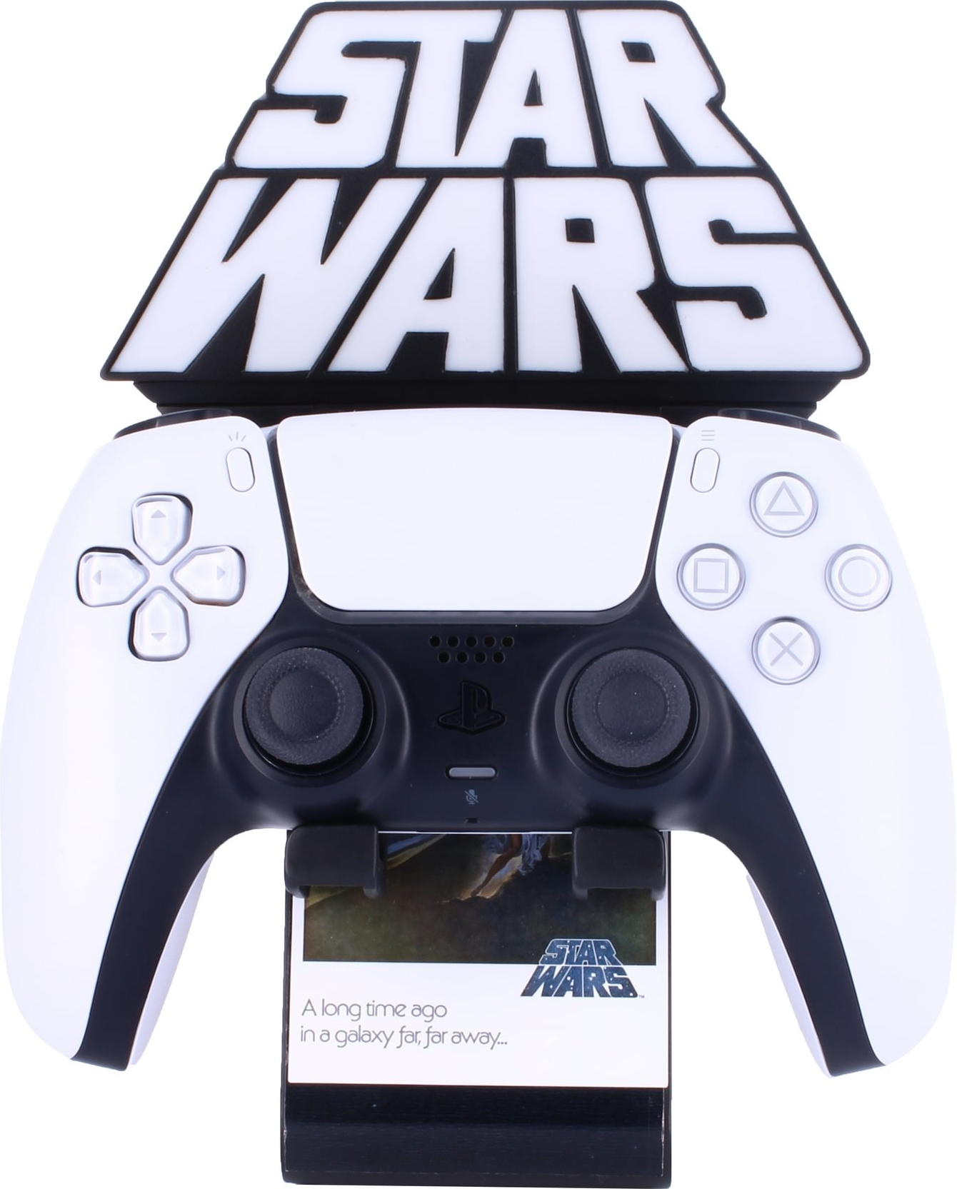 Weißer PS5-Controller mit Star Wars-Halterung und Spielkarte.