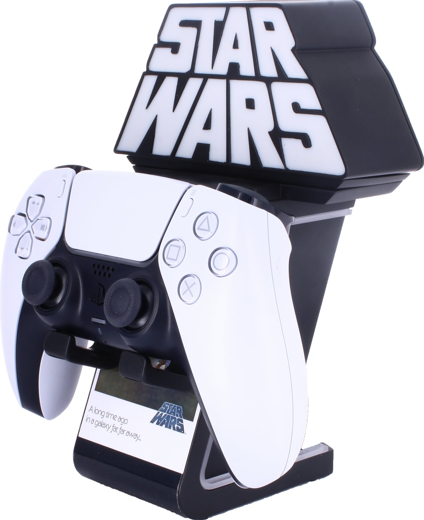 Ein weißer und schwarzer Star Wars Controller-Ständer. Hat einen PS5 Controller darauf.