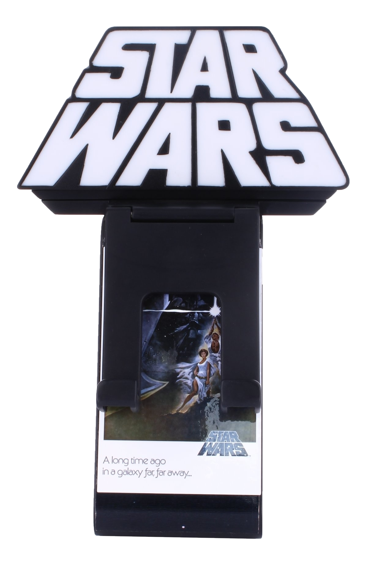Star Wars Logo auf einem schwarzen Halter mit einer Star Wars Filmszene und Text.
