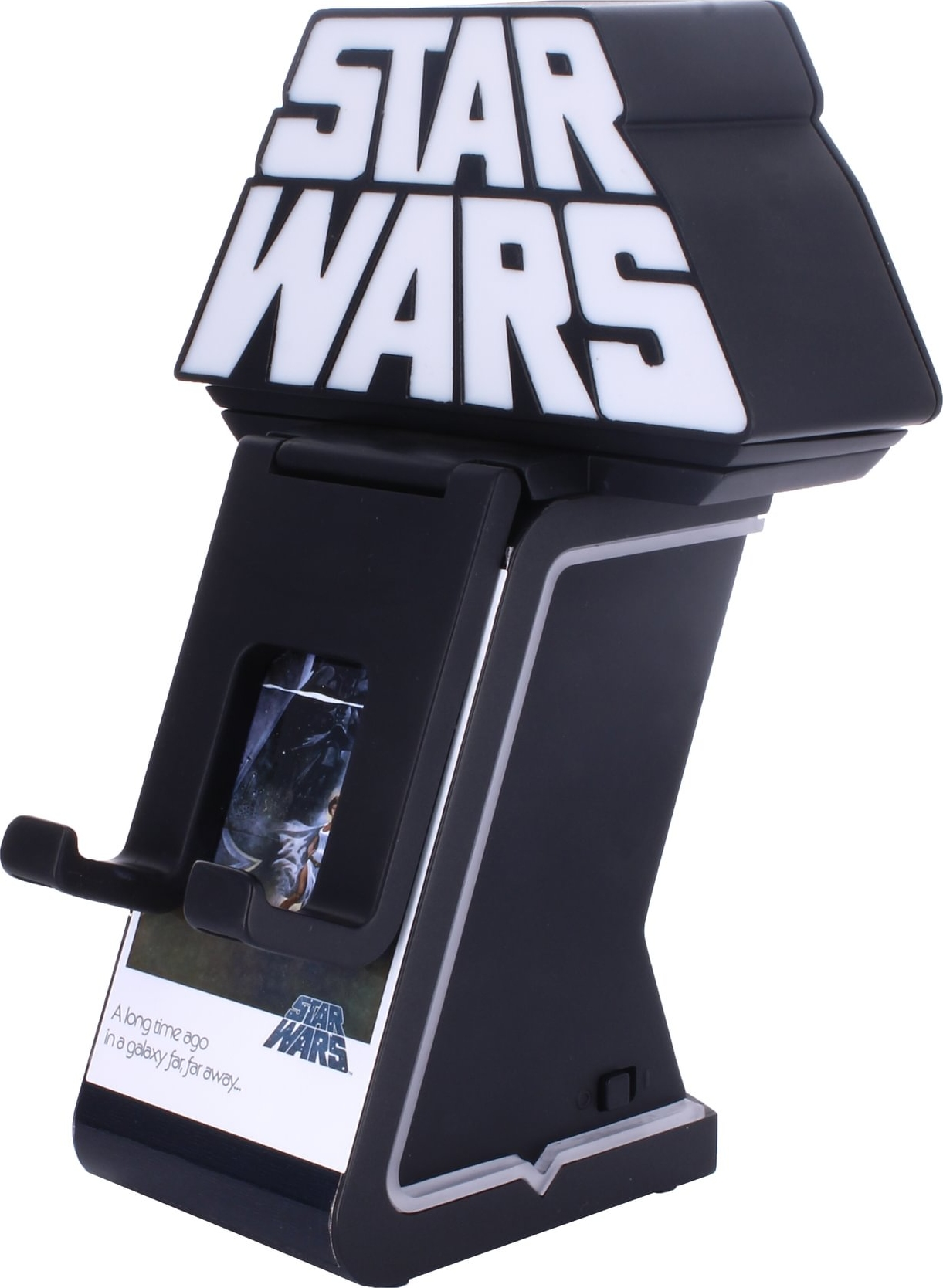 Schwarzer Star Wars Telefonständer. Er hat das Star Wars-Logo oben und ein Bild auf der Vorderseite.