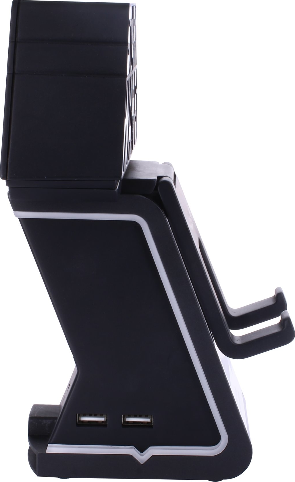 Eine schwarze Ladestation für einen Gamecontroller mit zwei USB-Anschlüssen.