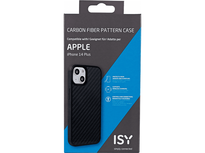 Funda de fibra de carbono para iPhone 14 Plus en caja negra y gris, con información.