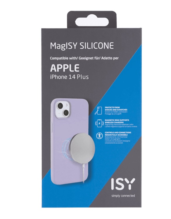 Caja para iPhone 14 Plus en funda morada. Muestra el teléfono con anillo magnético. Fondo blanco.