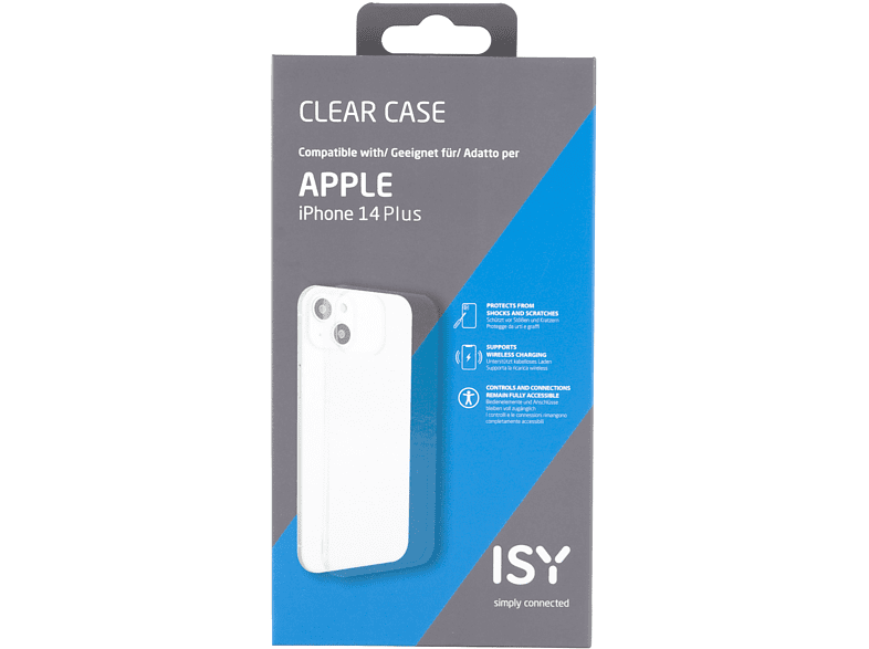 Funda transparente para iPhone 14 Plus en un paquete, con detalles del producto.
