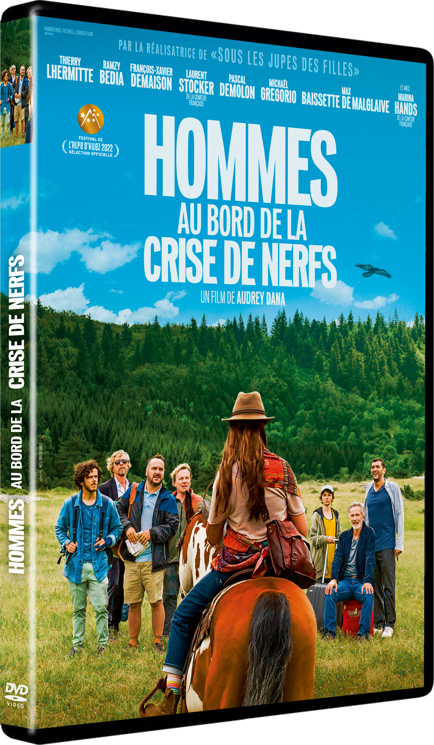 Couverture du DVD du film : 'Hommes au bord de la crise de nerfs'. Un groupe de personnes, dont une femme à cheval, dans un champ.