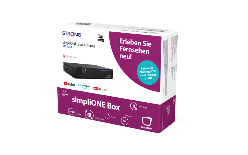 TV-Box in einer weiß-lila Box, mit Text und einem Bild der Box selbst.