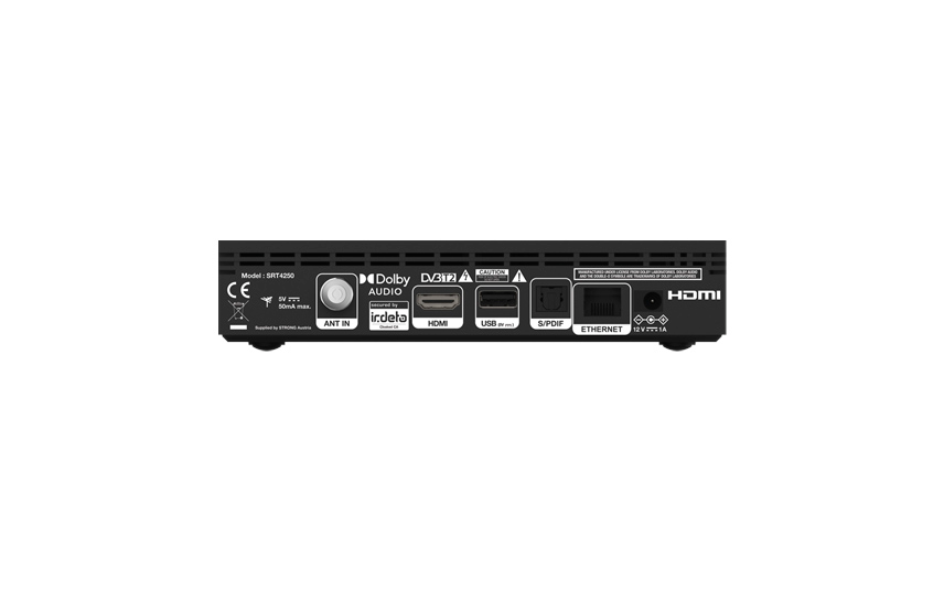 Die Rückseite einer schwarzen SRT4200 Set-Top-Box mit verschiedenen Anschlüssen und Verbindungen.