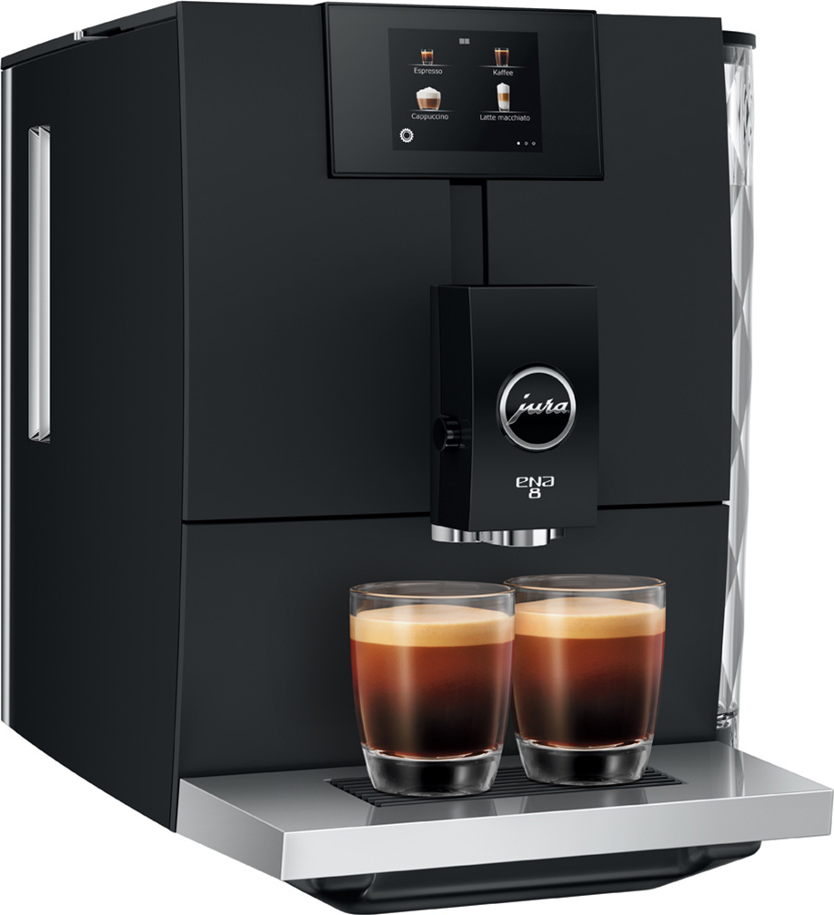 Macchina da caffè Jura ENA 8 nera. Due tazze di espresso davanti. Lo sfondo è bianco.