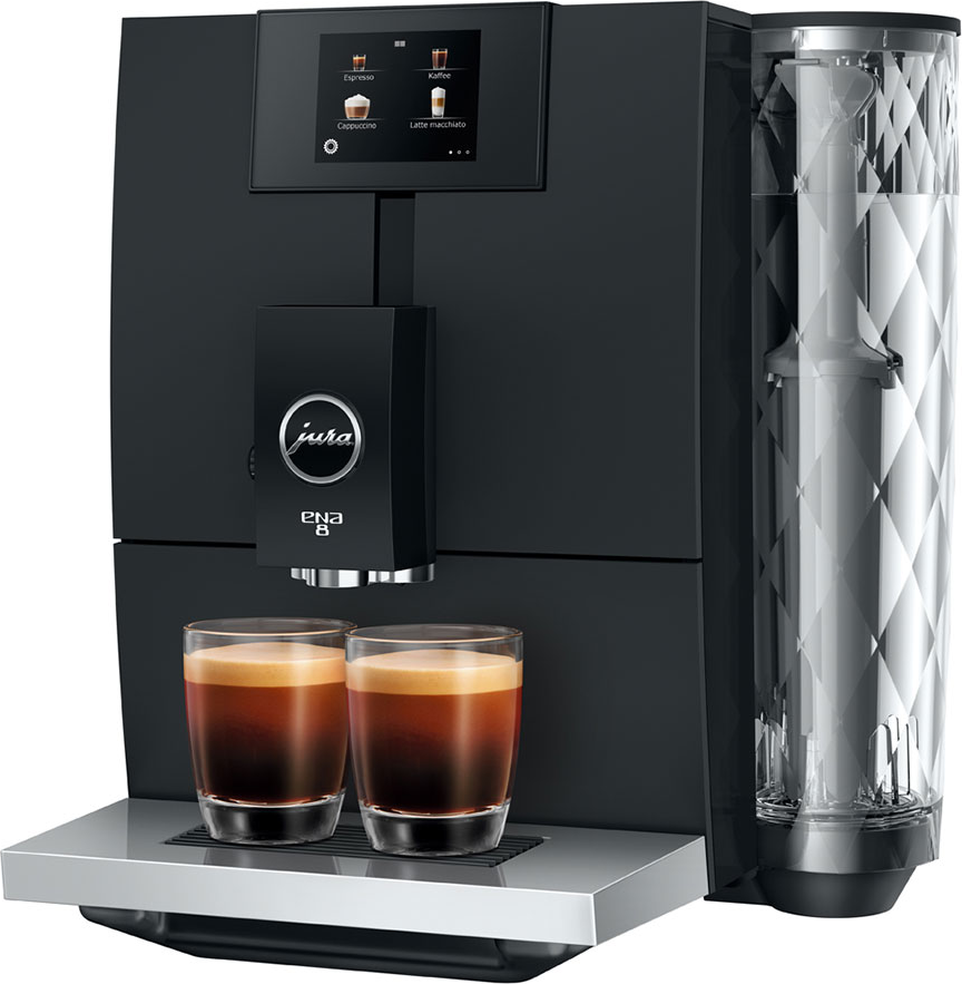 Macchina da caffè nera Jura ENA 8. Due bicchieri di espresso sono sotto l'erogatore.