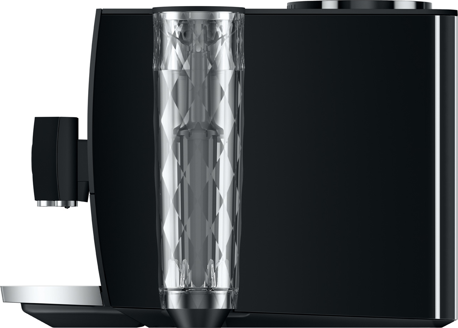 Macchina da caffè nera con serbatoio dell'acqua trasparente.