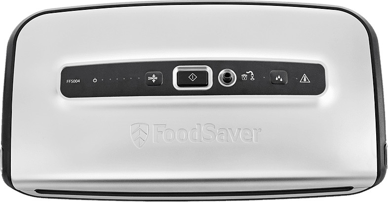 Een zilveren FoodSaver vacuüm sealer. De bovenkant van het apparaat wordt getoond met bedieningsknoppen en het merklogo.