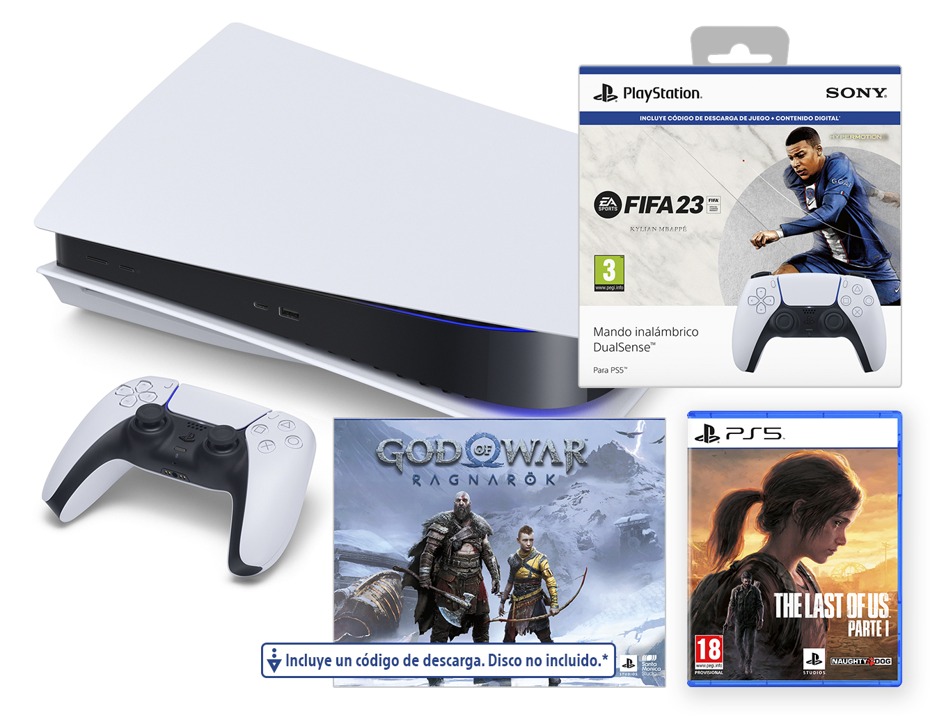 PlayStation 5 con accesorios. Incluye un juego y un mando. Fondo blanco.