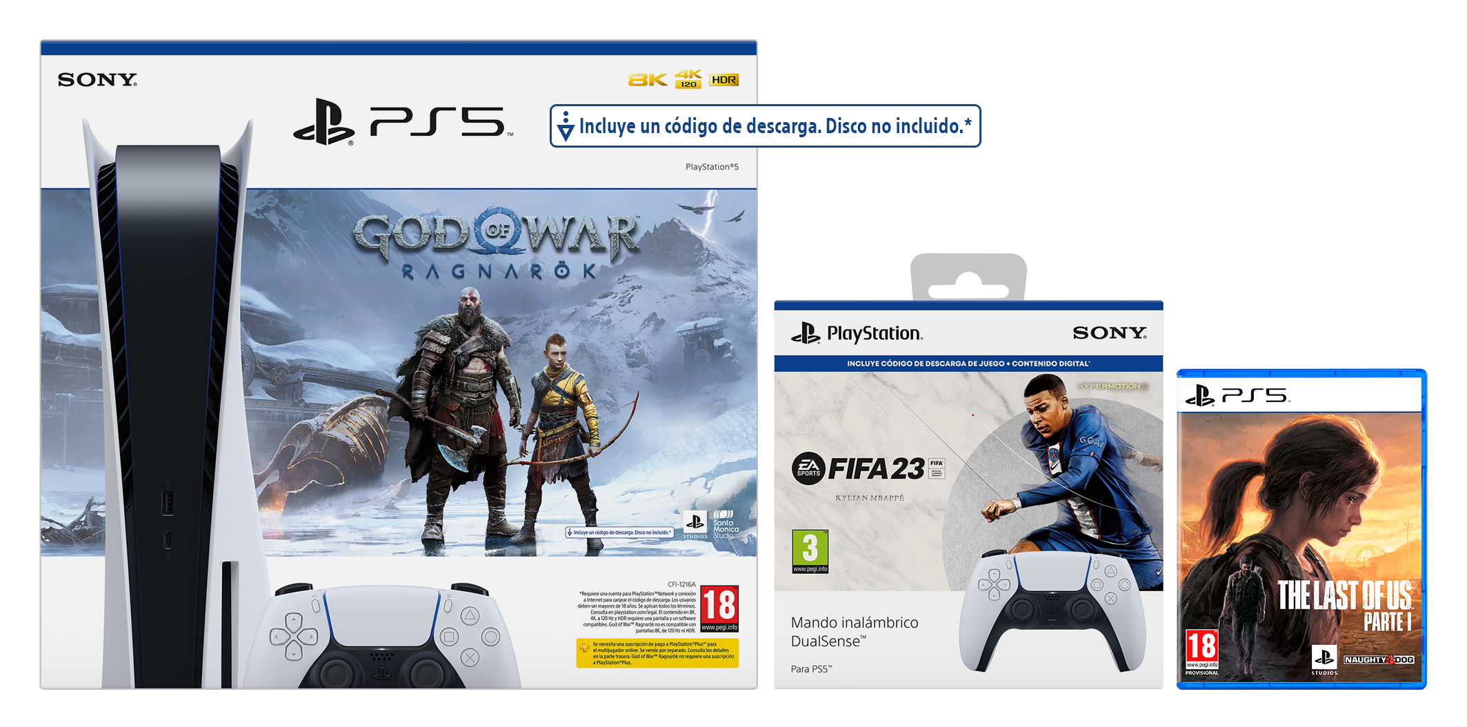 Consola Playstation 5 con juegos. Cajas con títulos como God of War y FIFA 23.