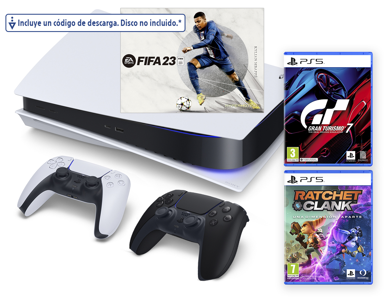Consola PlayStation 5 blanca con dos mandos y tres carátulas de juegos, sobre una superficie blanca.