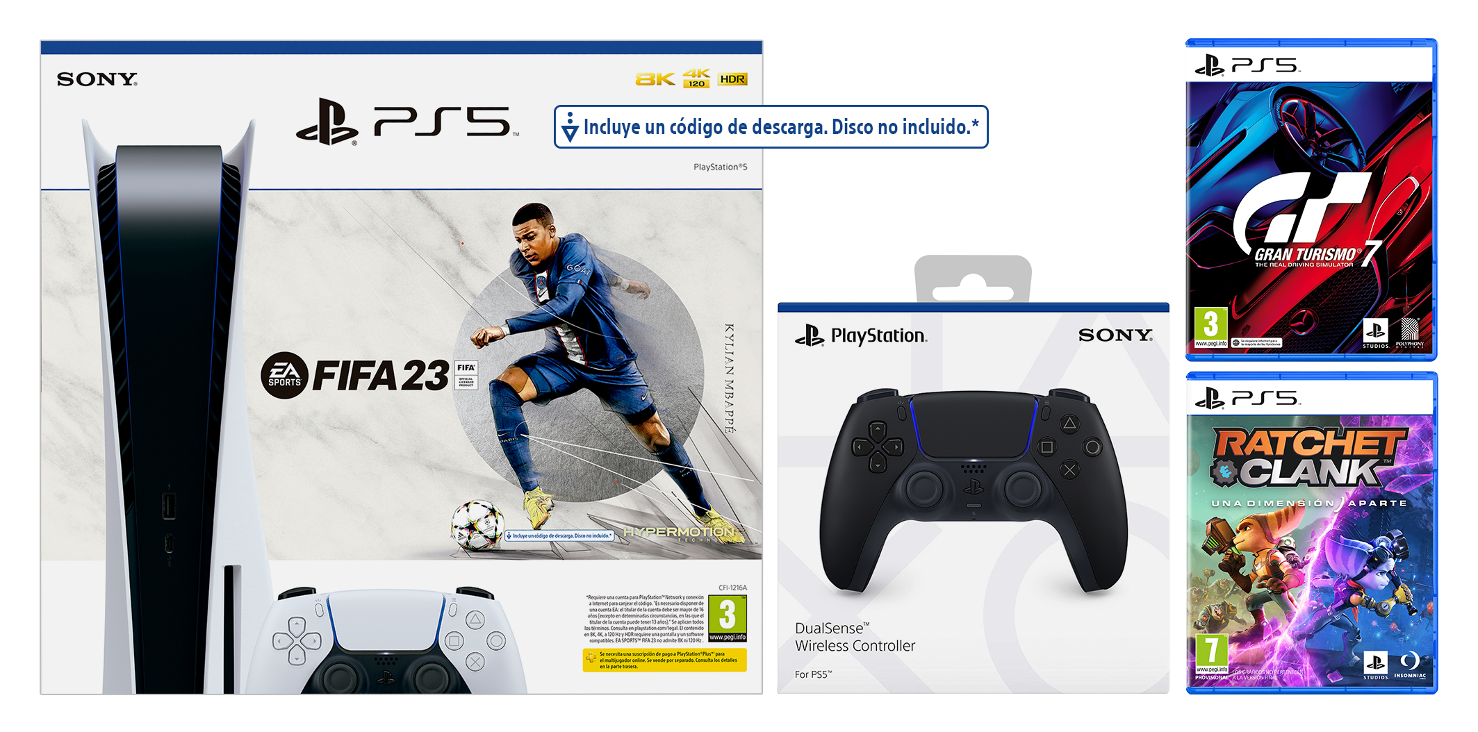 Consola Playstation 5, mando y cajas de juegos. Incluye FIFA 23 y Gran Turismo 7 portadas de juegos.