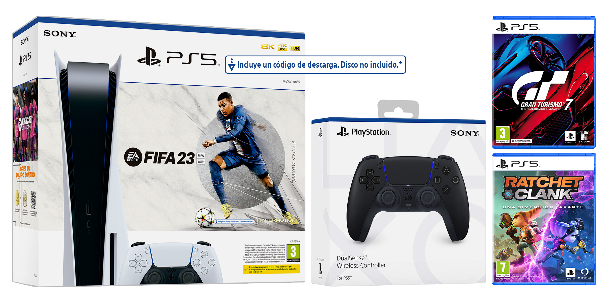 Consola PS5, mando y cajas de juegos. Incluye FIFA 23 y otros dos juegos.