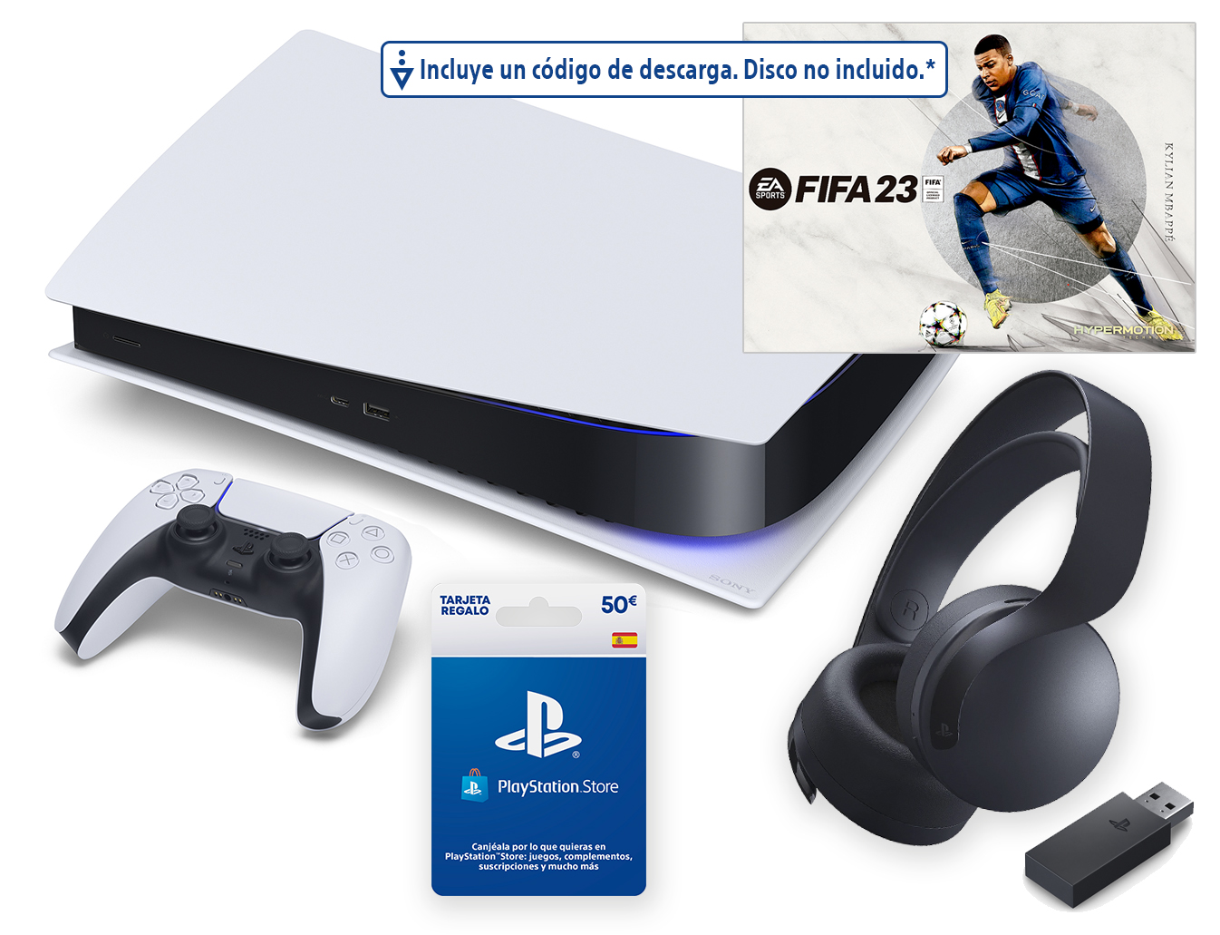Consola PS5, mando, auriculares, tarjeta regalo y juego FIFA 23.