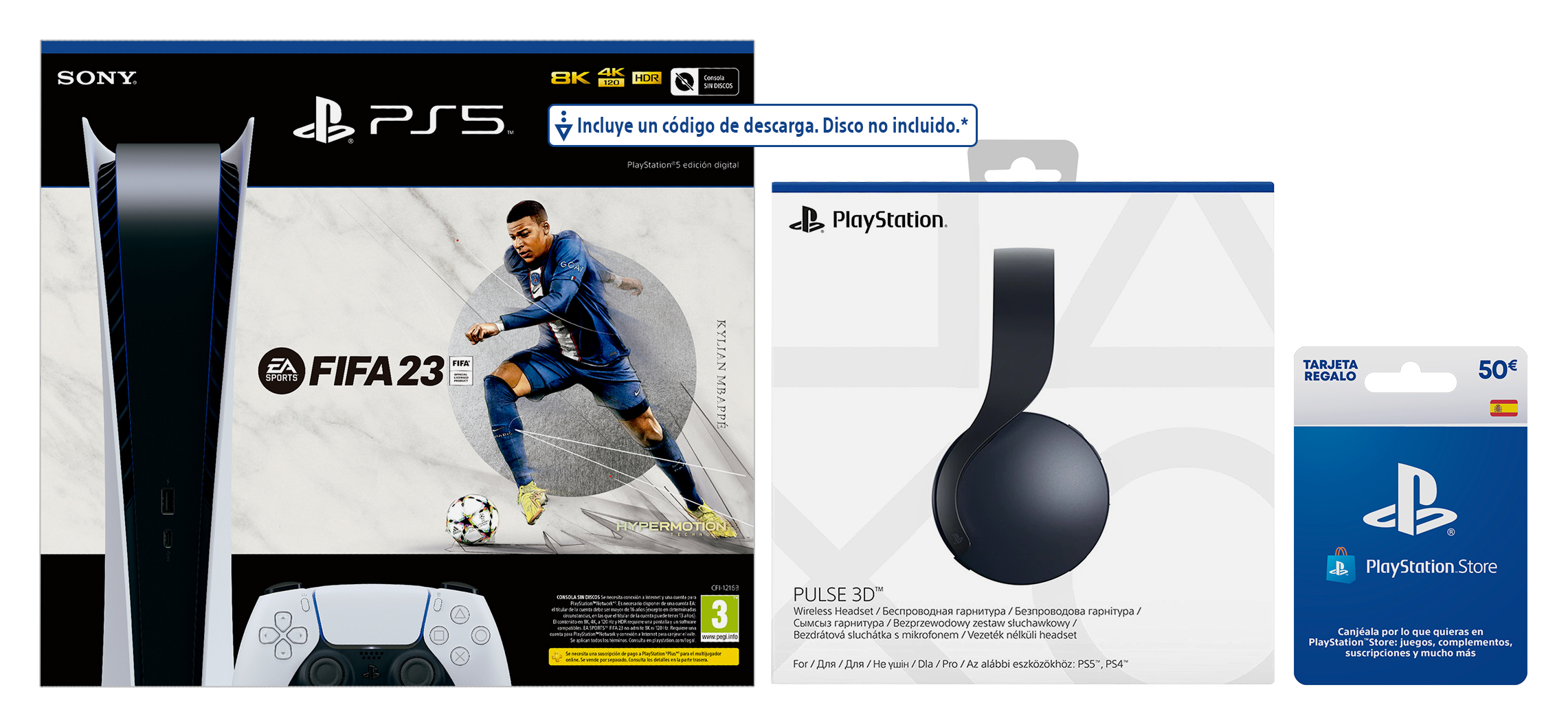 PS5, juego FIFA 23, auriculares PlayStation y una tarjeta de regalo, todo en blanco.