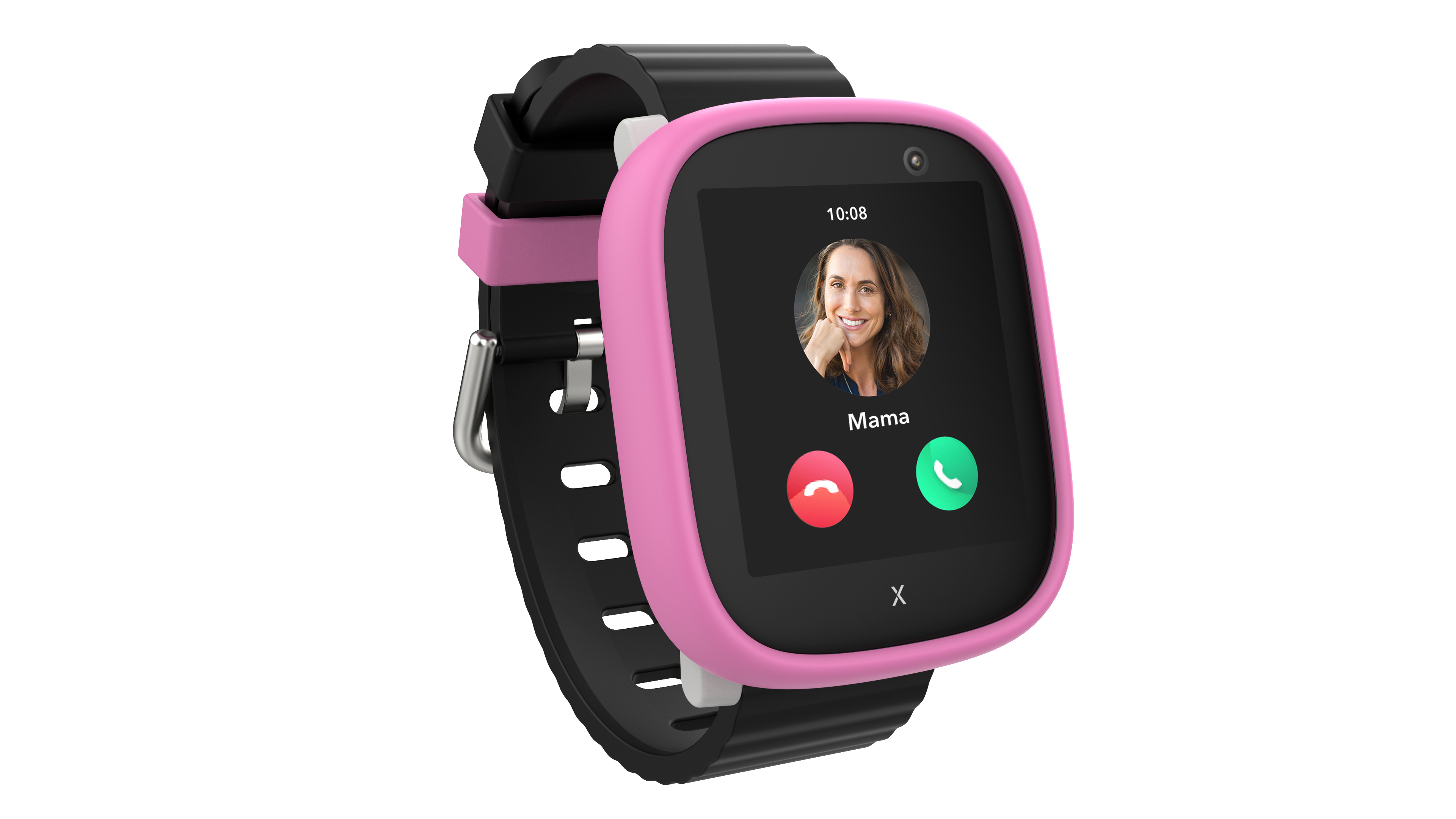 Eine pinke und schwarze Smartwatch zeigt einen eingehenden Anruf von 'Mama'.