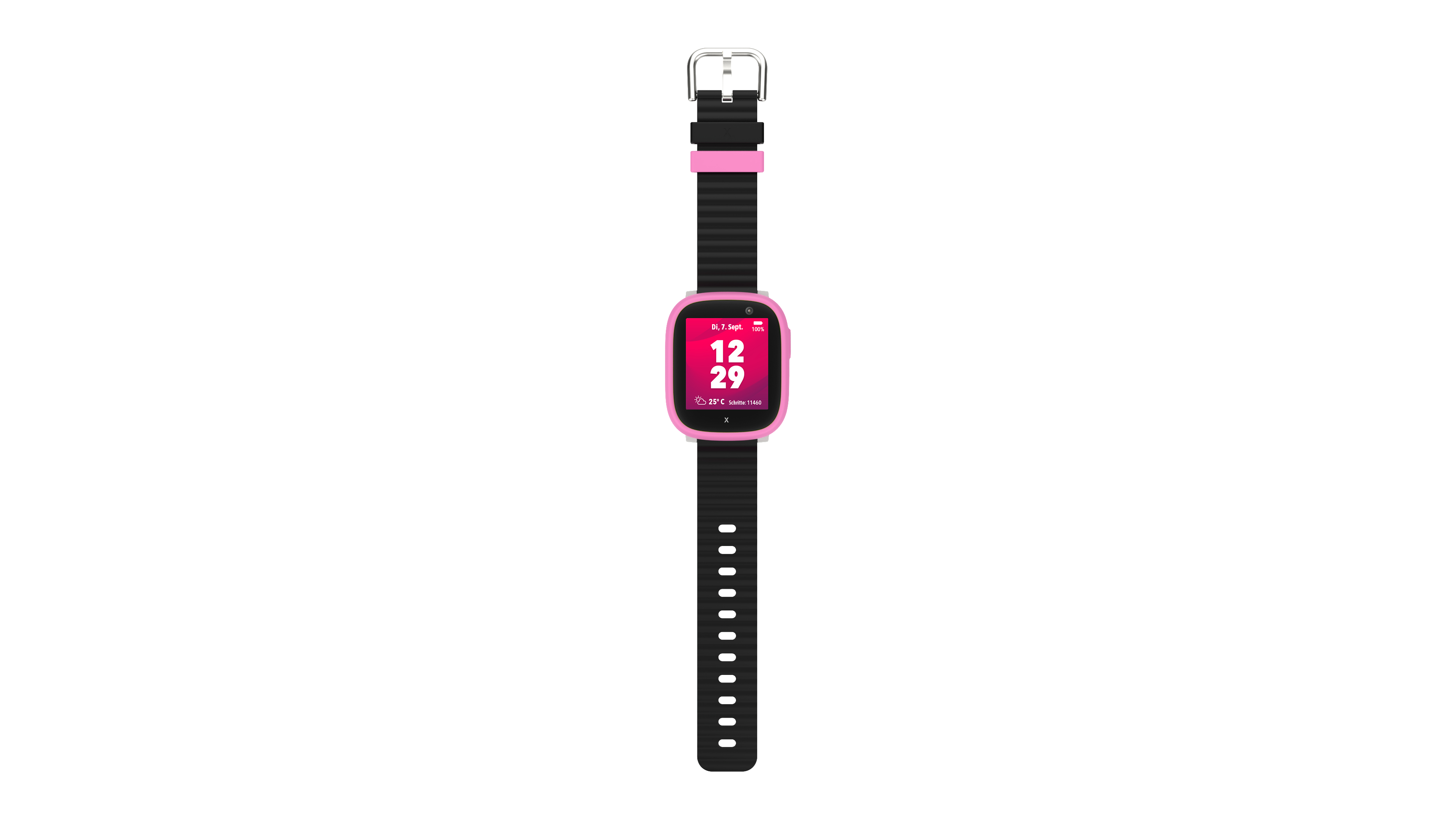 Pinke und schwarze Smartwatch mit Anzeige von Uhrzeit und Datum. Schwarzes Armband.