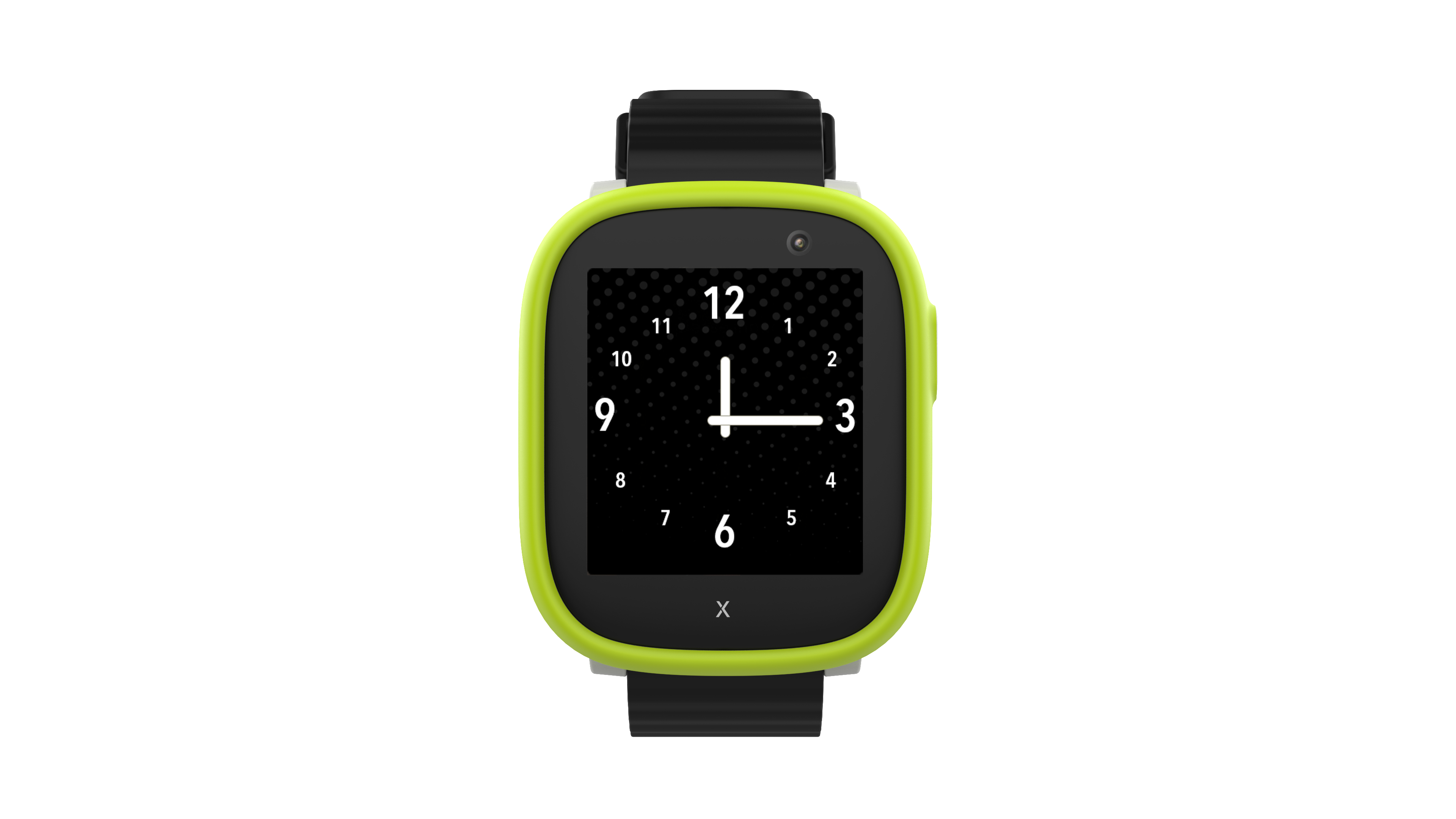 Eine Smartwatch mit schwarzem Bildschirm, der die Uhrzeit anzeigt, umgeben von einem grünen Rahmen und einem schwarzen Armband.