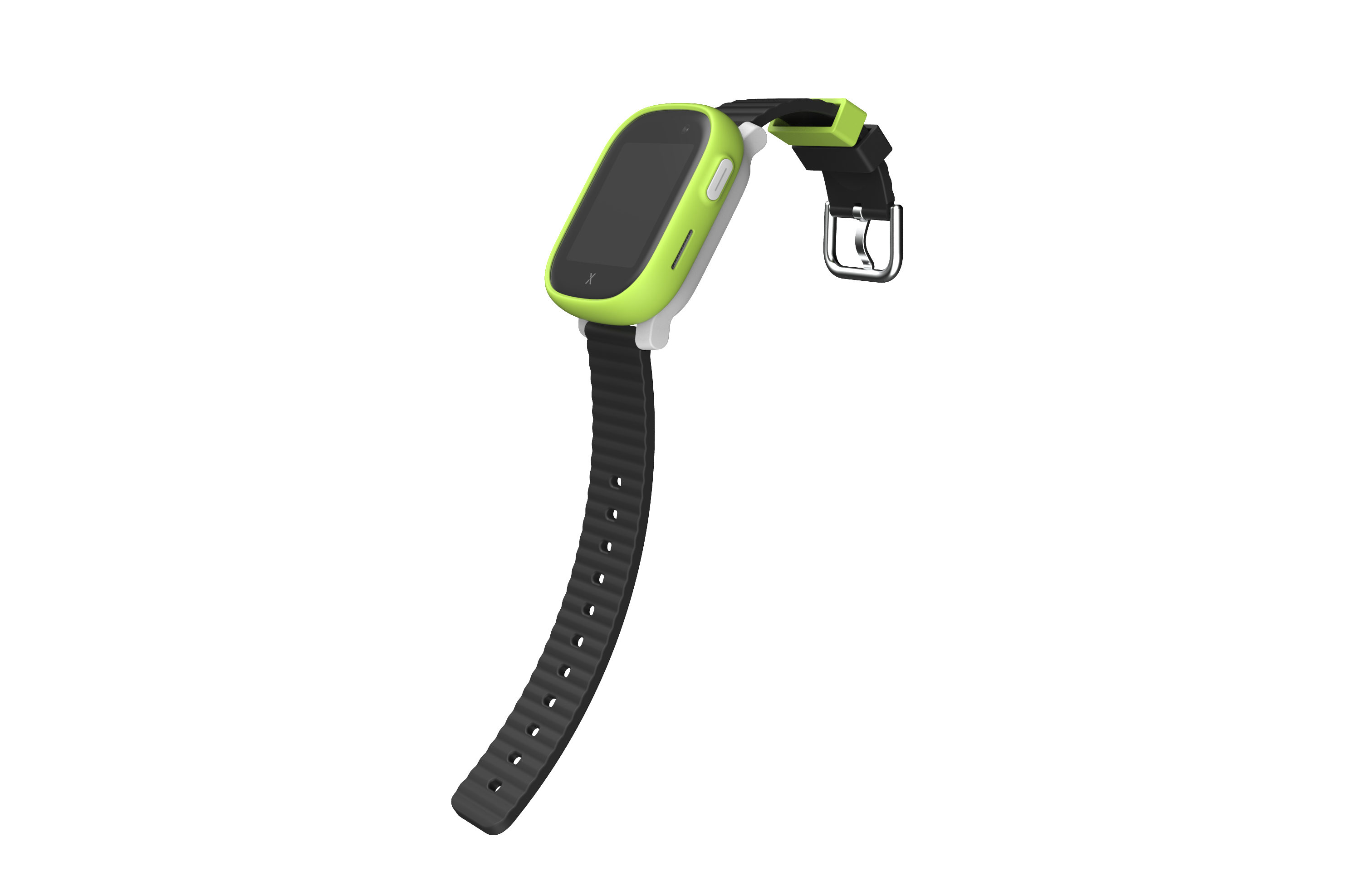 Grüne und weiße Smartwatch mit schwarzem Armband, vor weißem Hintergrund.