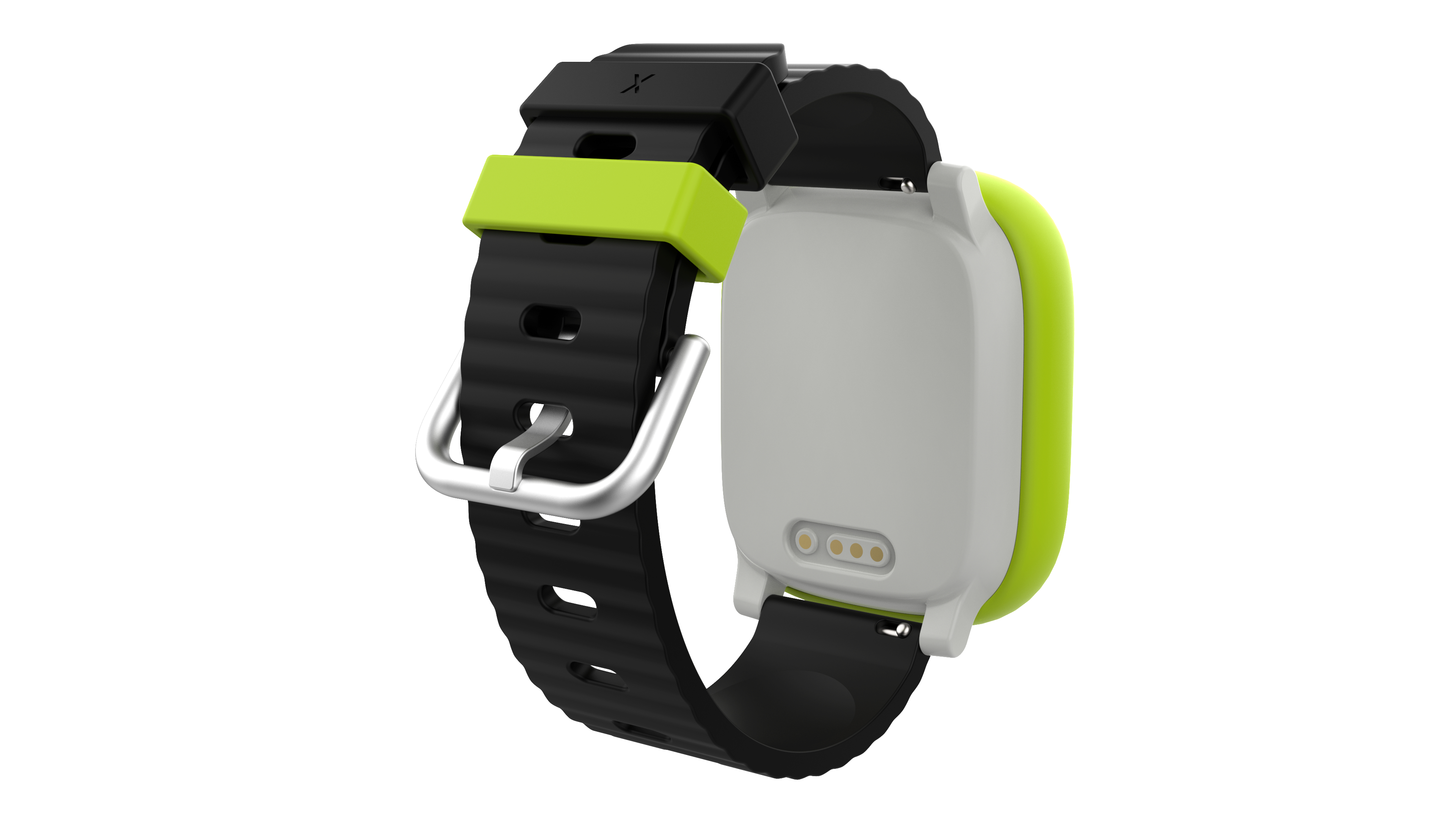 Rückseite einer Smartwatch. Sie ist schwarz und grün, mit einem schwarzen Armband.