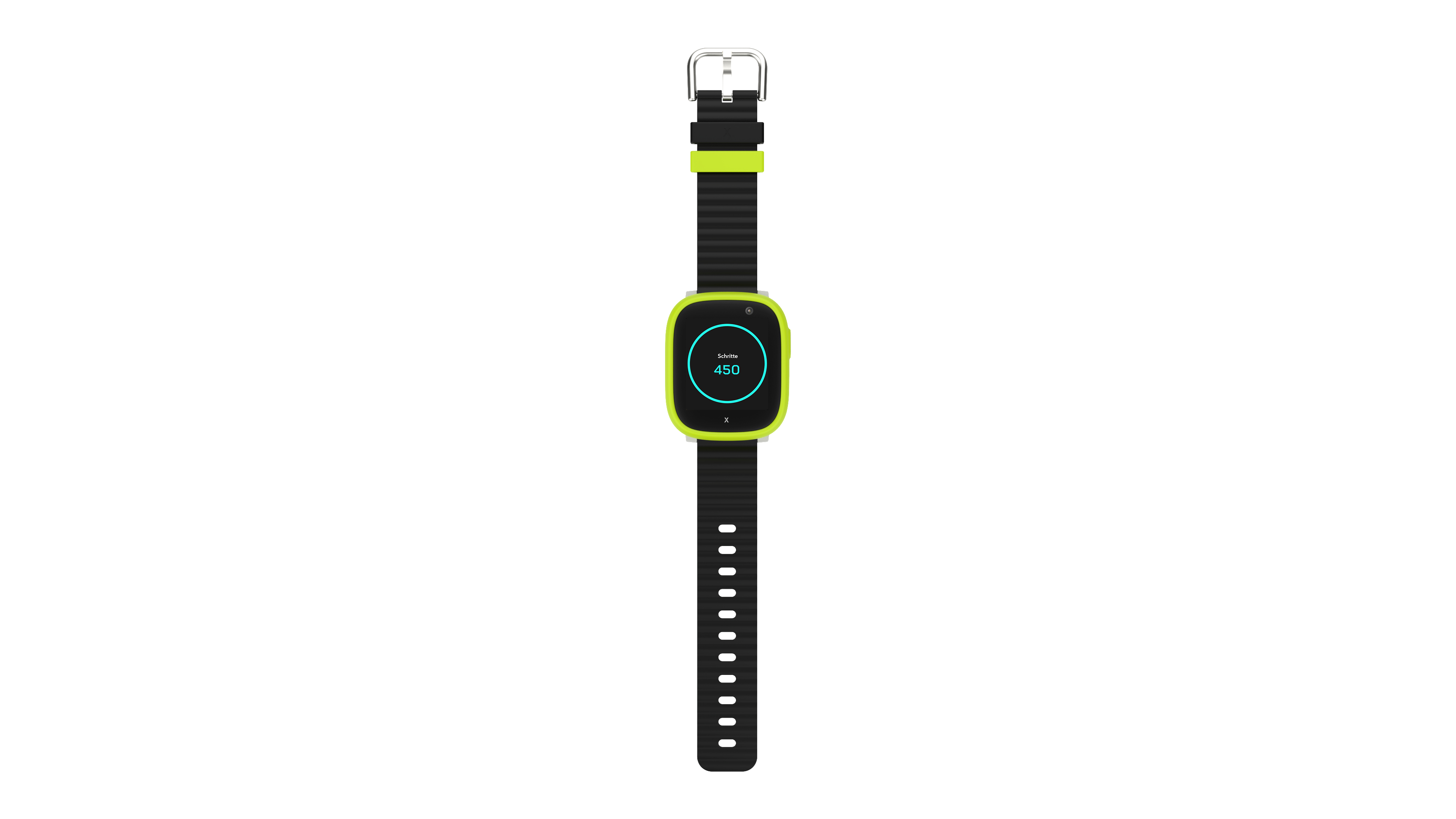 Smartwatch mit schwarzem und grünem Armband, zeigt Schritte auf dem Bildschirm.