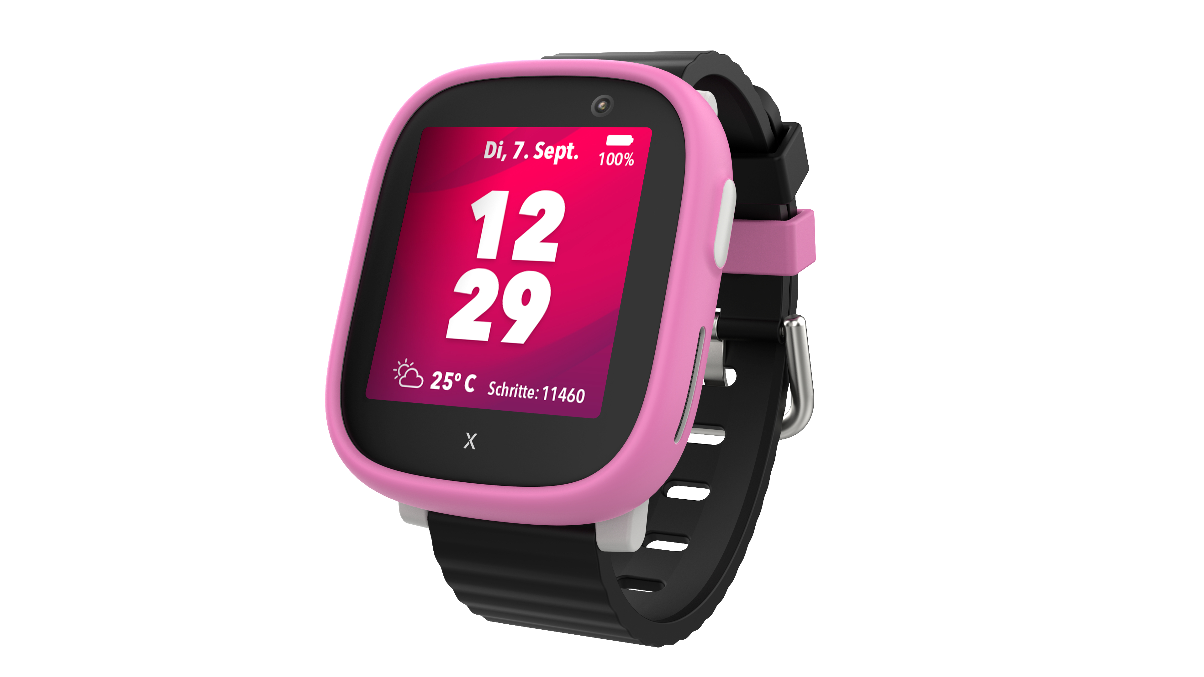 Rosa Smartwatch mit schwarzem Armband. Der Bildschirm zeigt Uhrzeit, Datum und Schritte an.
