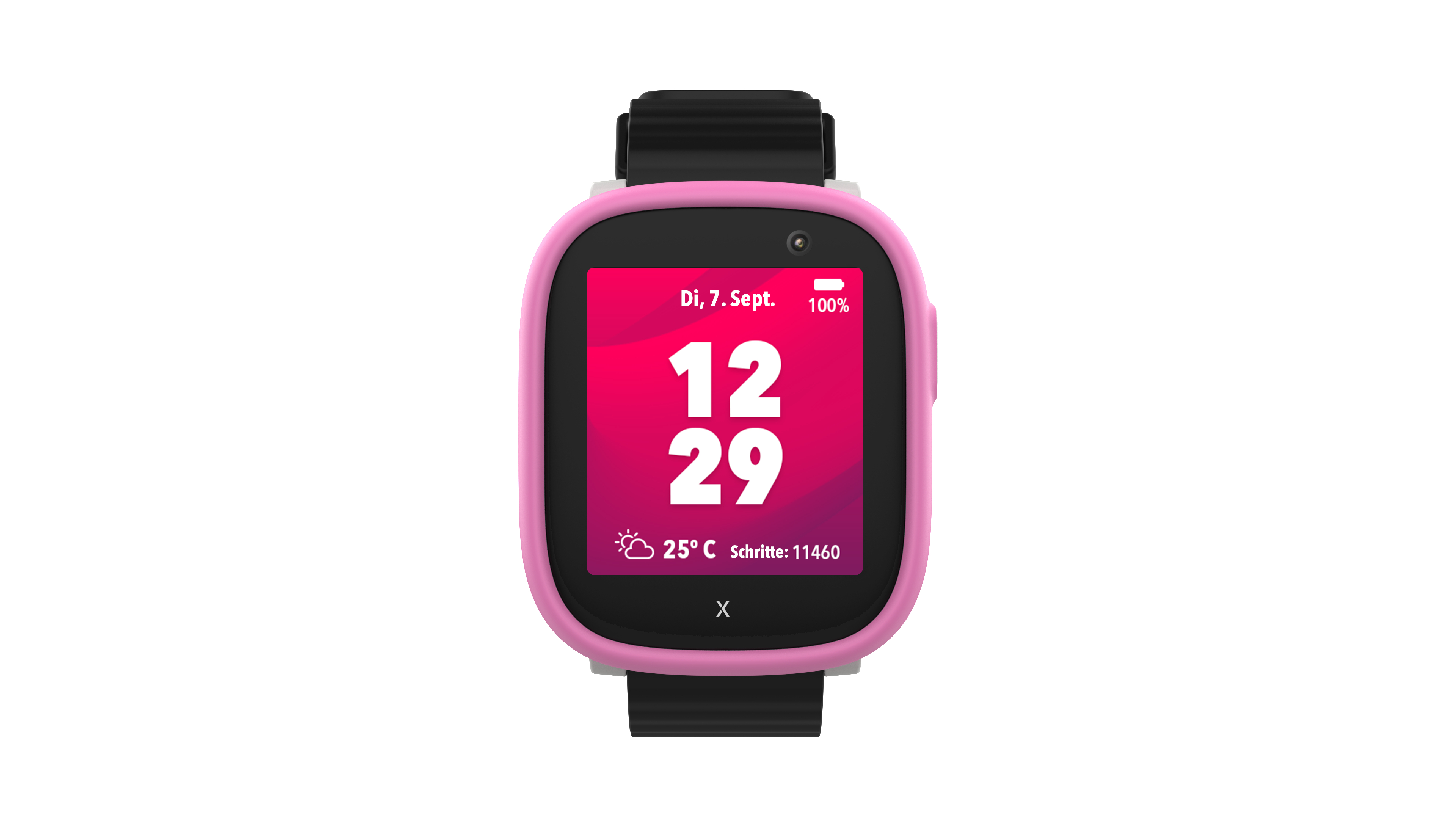 Pinke Smartwatch mit schwarzem Armband, zeigt Zeit, Datum und Schritte. Weißer Hintergrund.