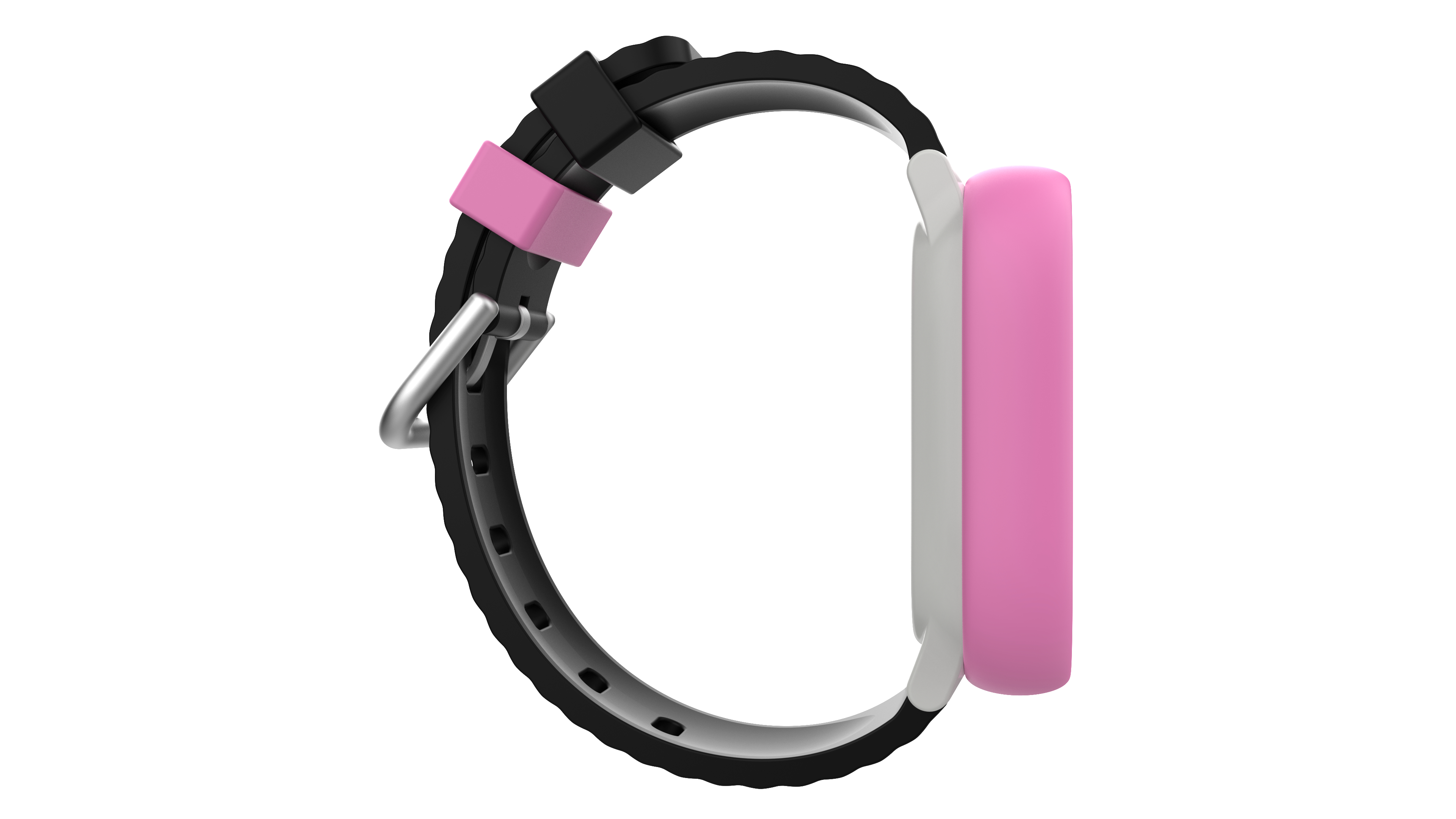 Eine rosa und schwarze Smartwatch.