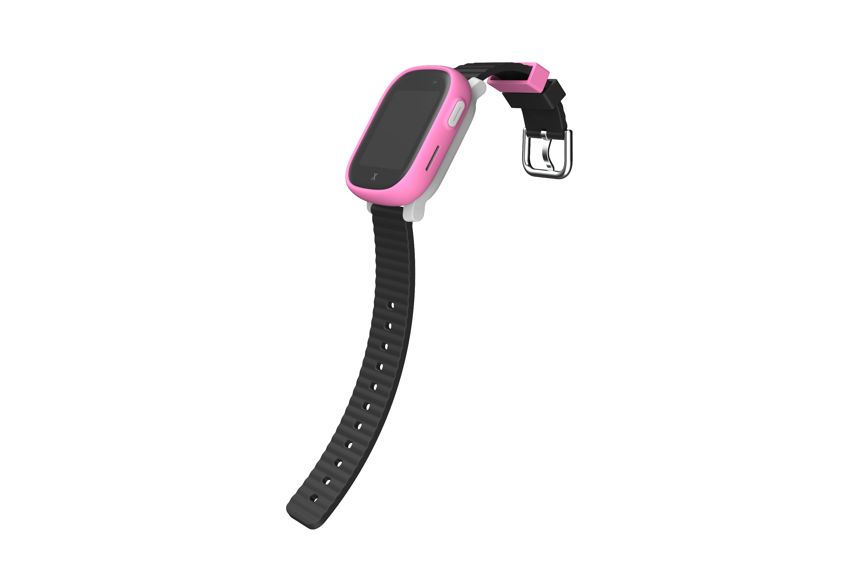 Rosa Smartwatch mit schwarzem Armband. Die Uhr hat einen Bildschirm, einen Knopf und eine Schnalle.