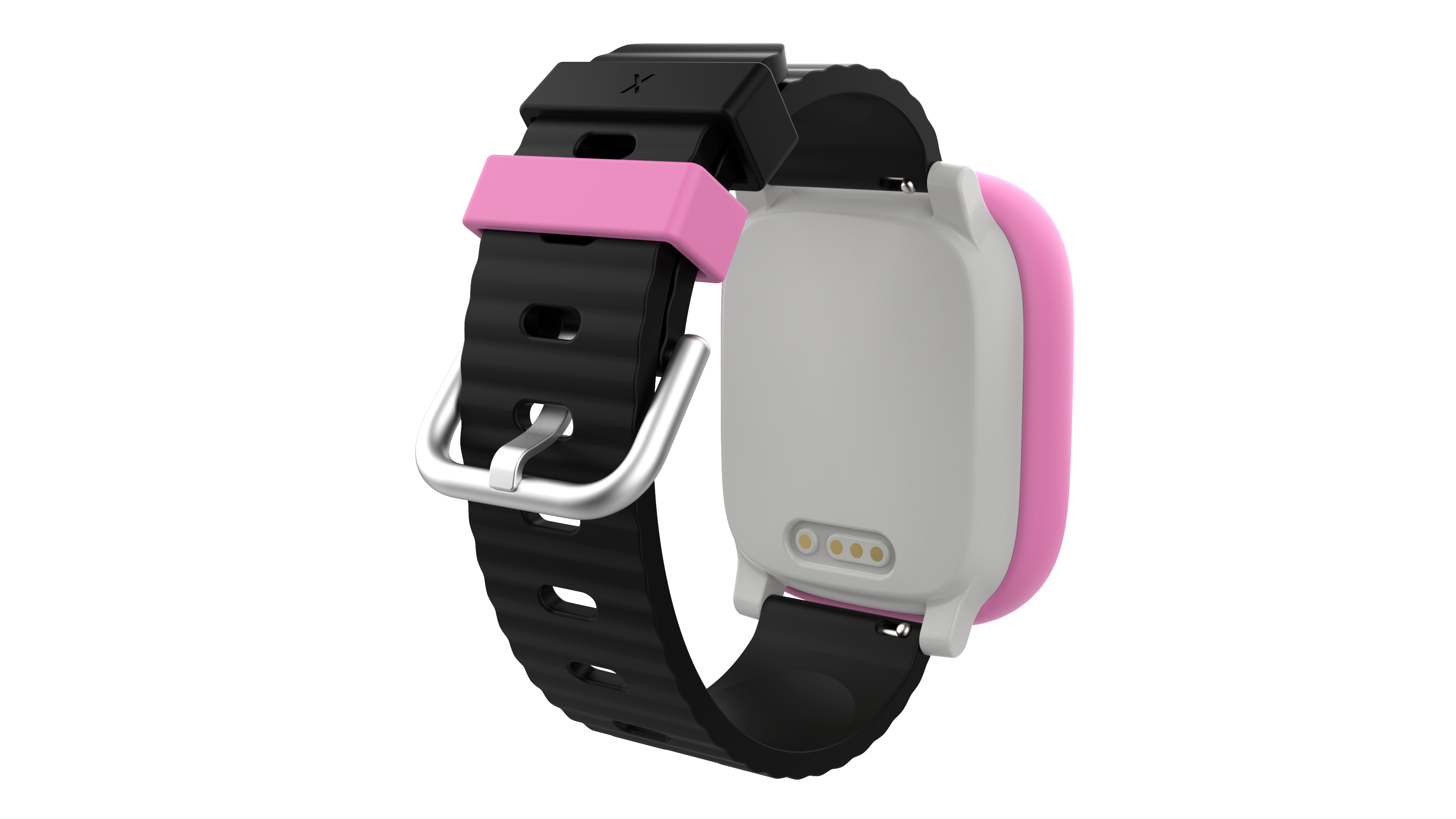 Eine Smartwatch mit schwarzem Armband und rosa Rahmen, von hinten betrachtet, auf weißem Hintergrund.