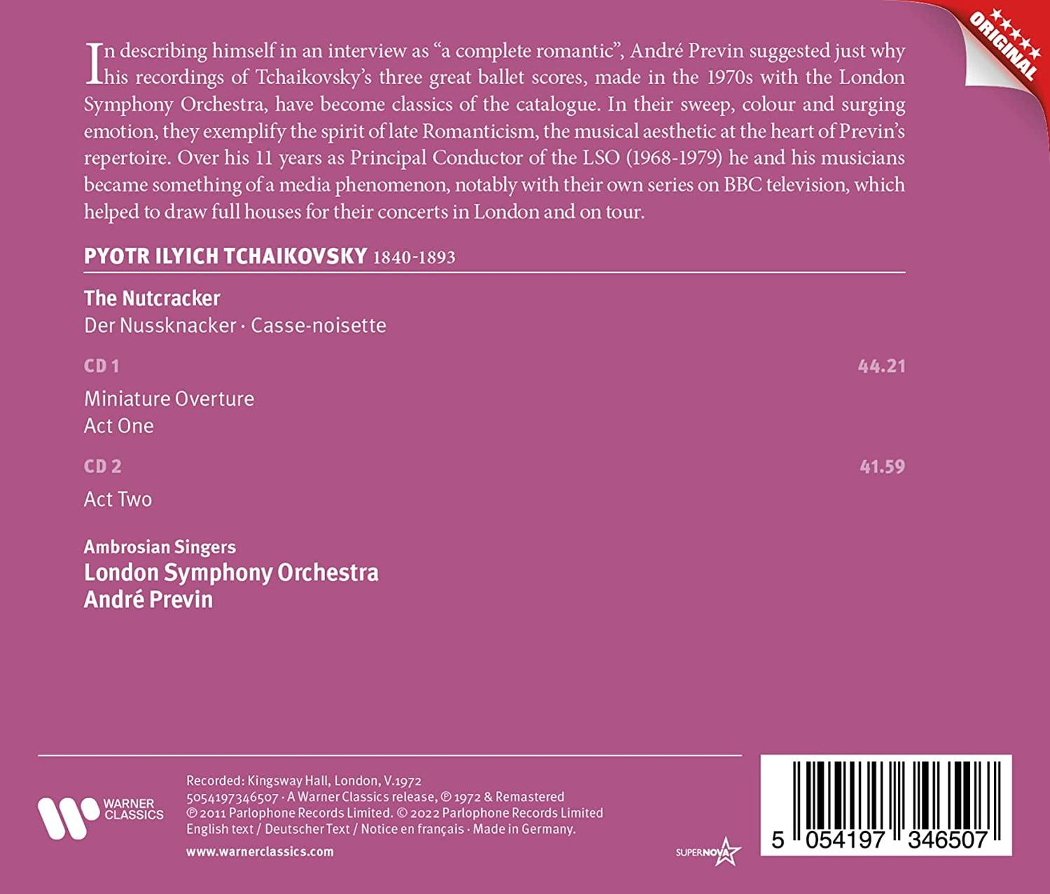 CD-Cover mit Text über Tschaikowskys Musik, mit Namen wie André Previn und London Symphony Orchestra.