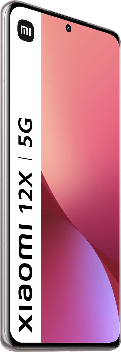 Smartphone blanco y rosa, en ángulo, con texto Xiaomi 12X | 5G.