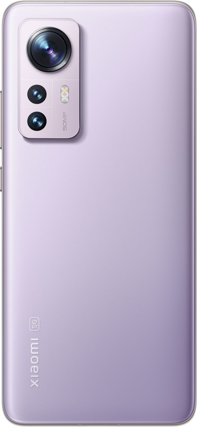 Vista trasera de un teléfono lila con un módulo de cámara y la marca Xiaomi 5G.
