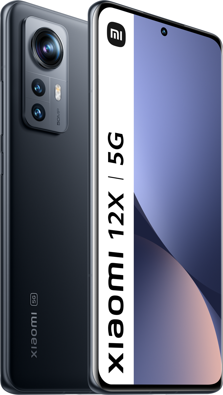 Un smartphone negro con configuración de triple cámara. La marca Xiaomi 12X 5G está impresa en la parte trasera.
