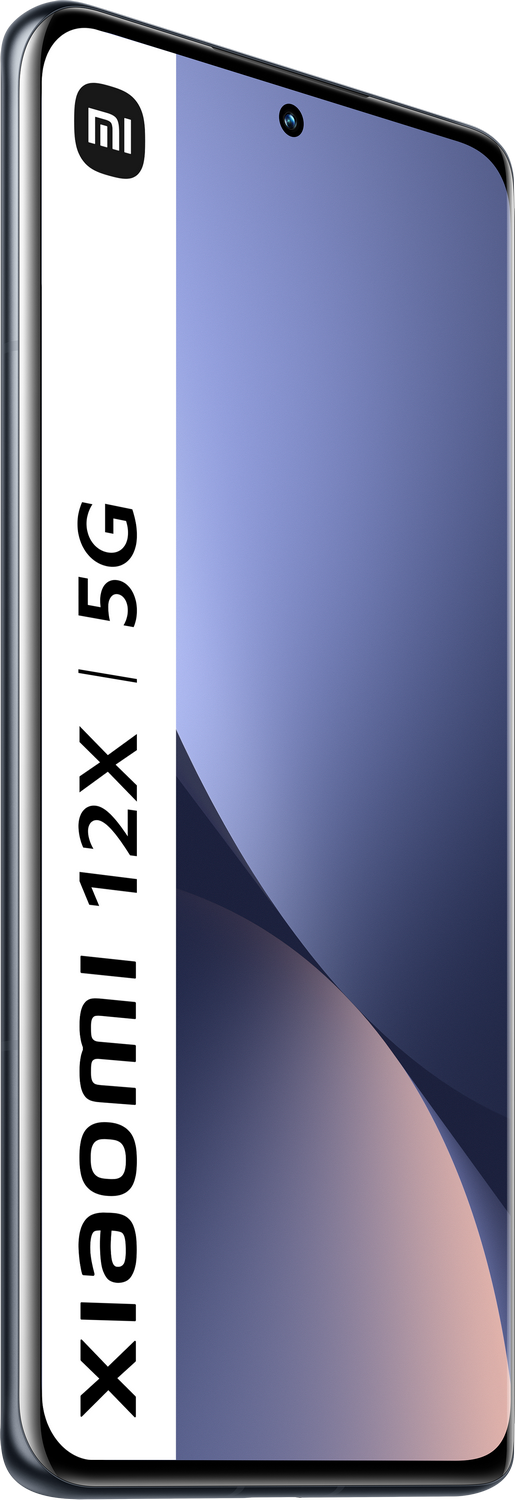 Teléfono inteligente Xiaomi 12X 5G, vista en ángulo. El teléfono está sobre un fondo blanco.