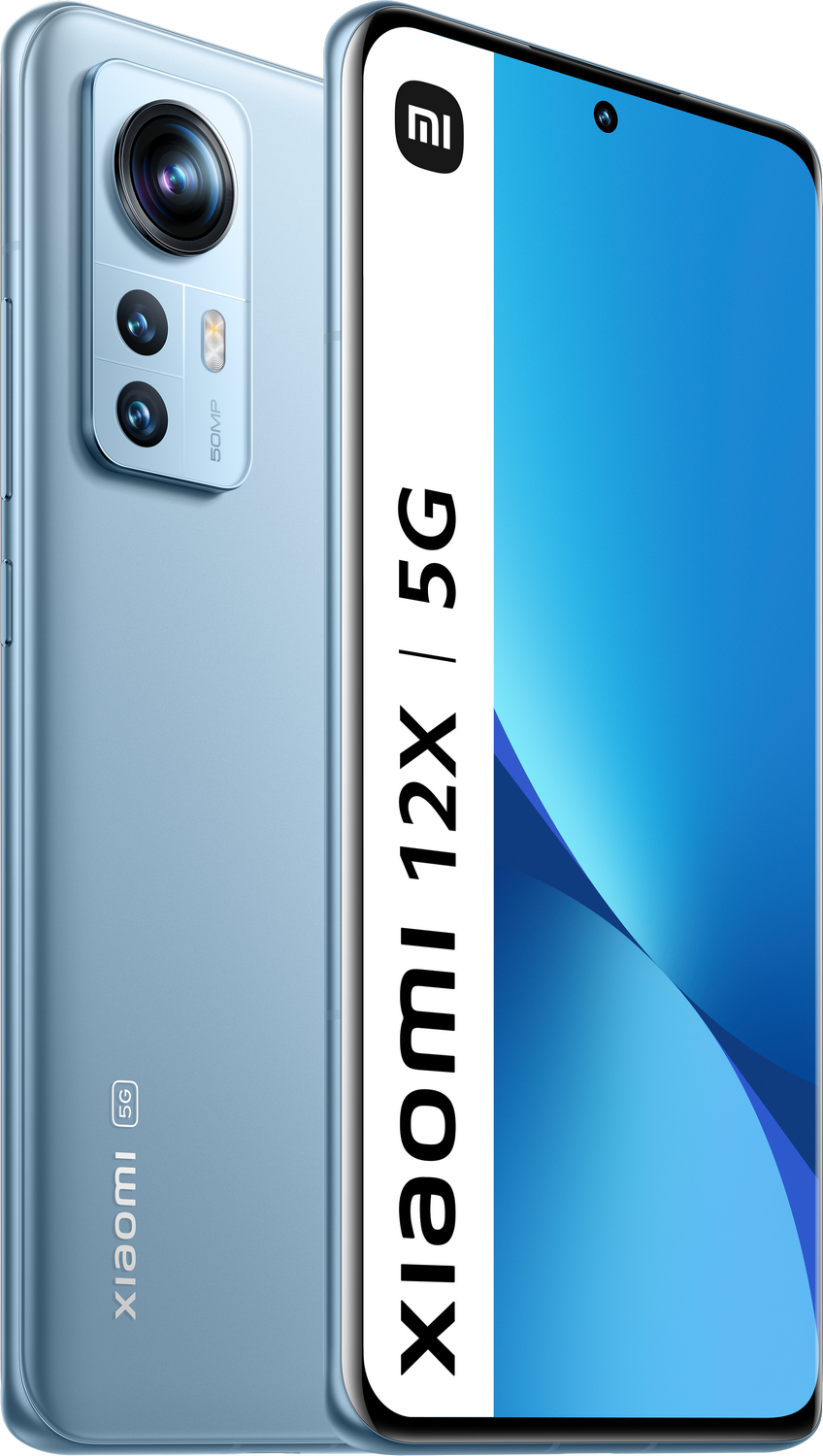 Un teléfono Xiaomi 12X 5G azul claro. El teléfono está sobre un fondo blanco.