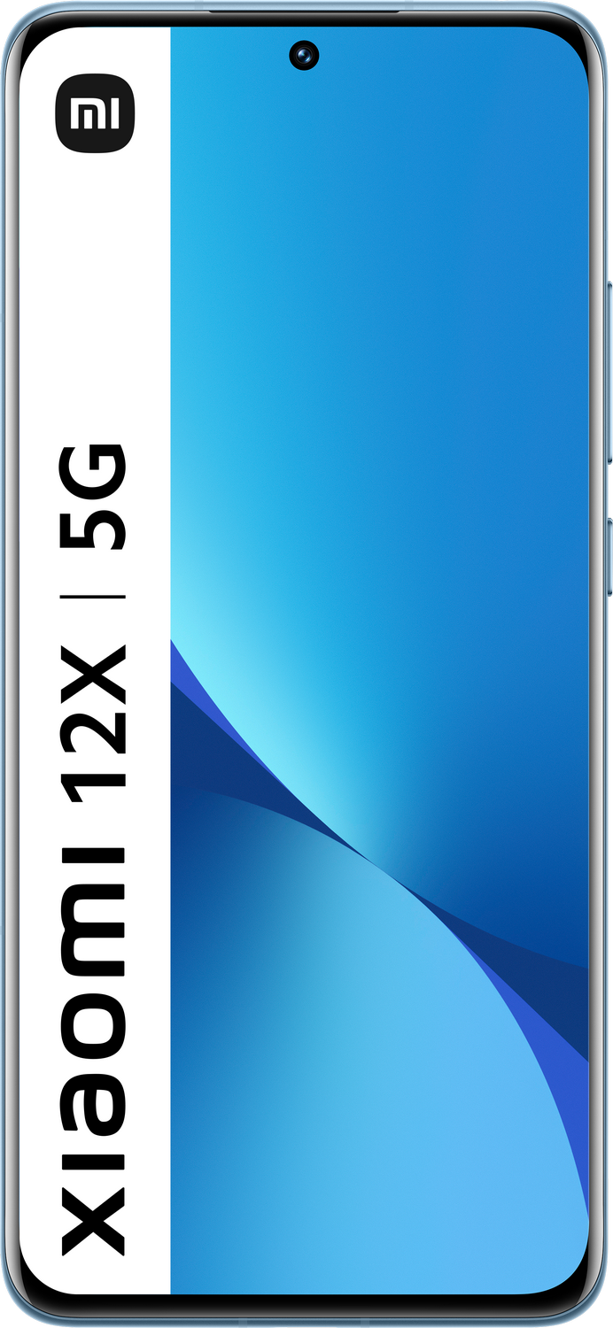 Teléfono inteligente Xiaomi 12X 5G, pantalla azul, logotipo blanco de Xiaomi. Toma vertical.