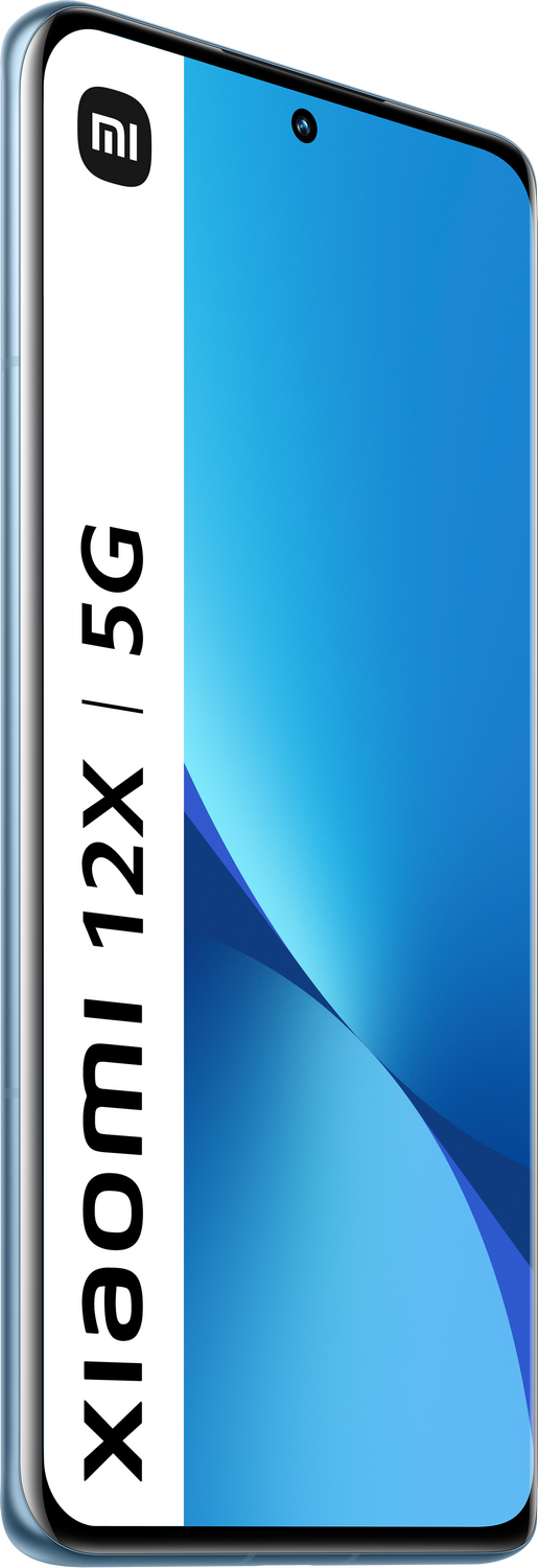 Un teléfono Xiaomi 12X 5G azul de lado. Se ven la pantalla y el lateral del teléfono.