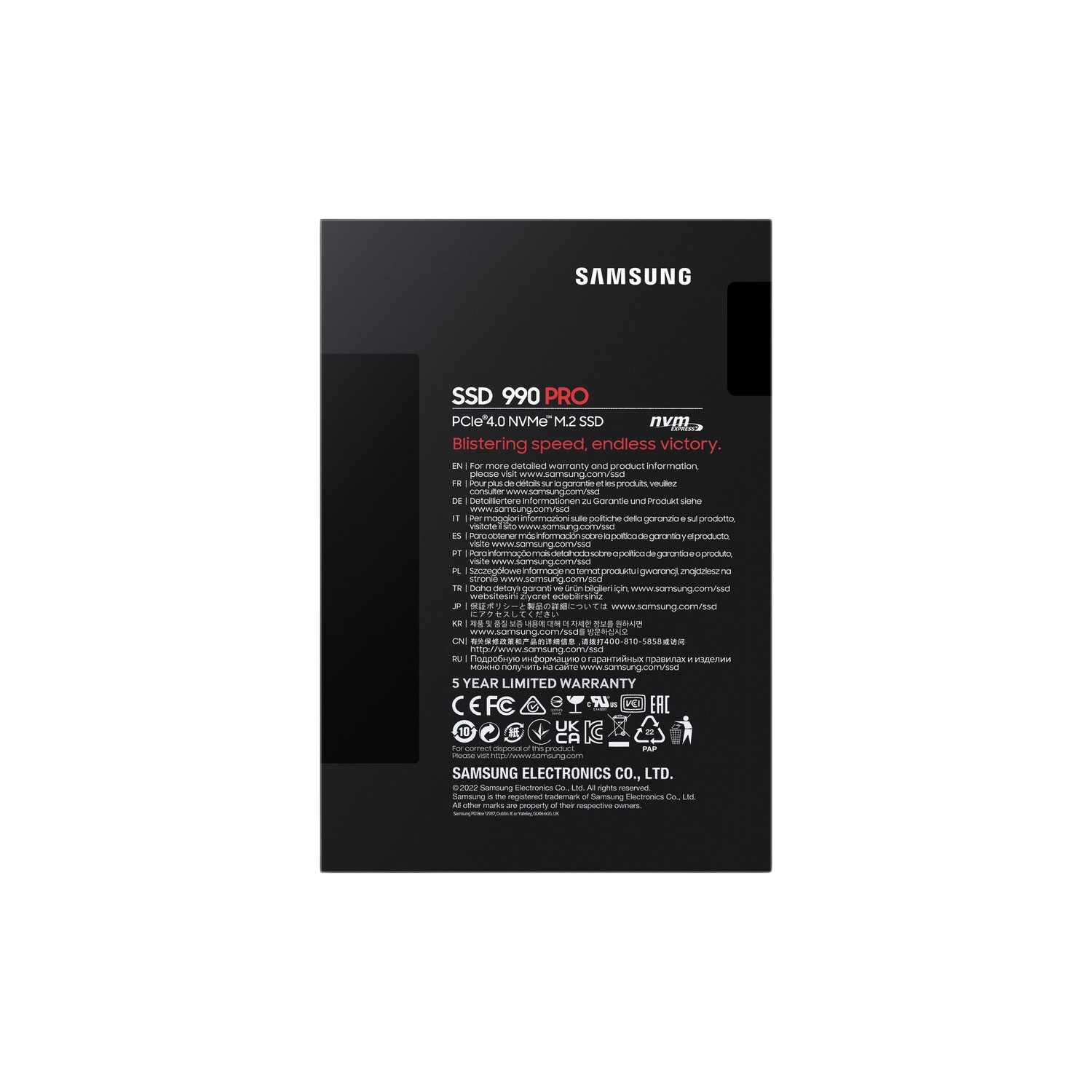 Een Samsung SSD 990 PRO verpakking. Zwart met productinformatie.