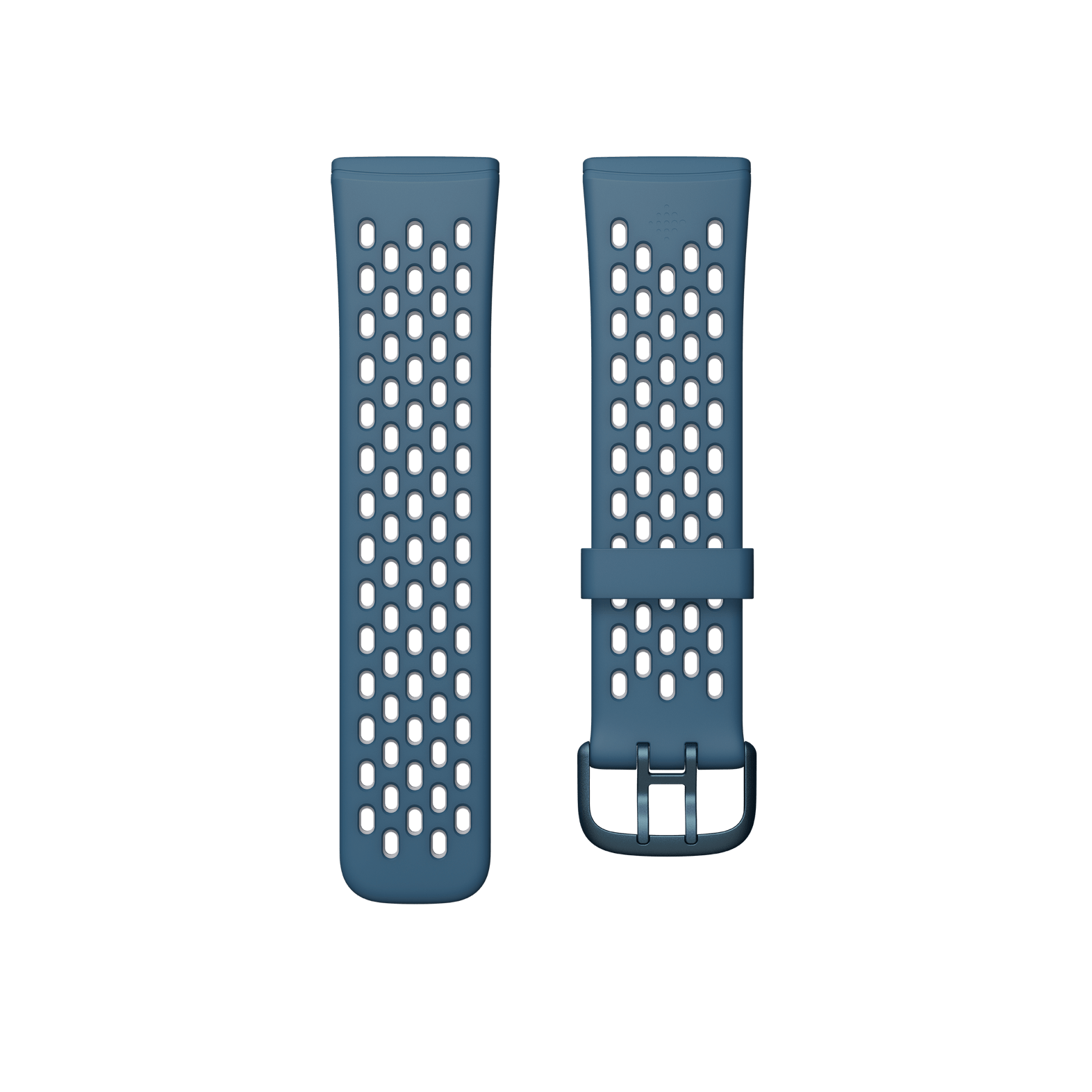 Twee blauwe sport horlogebandjes met perforaties, naast elkaar.