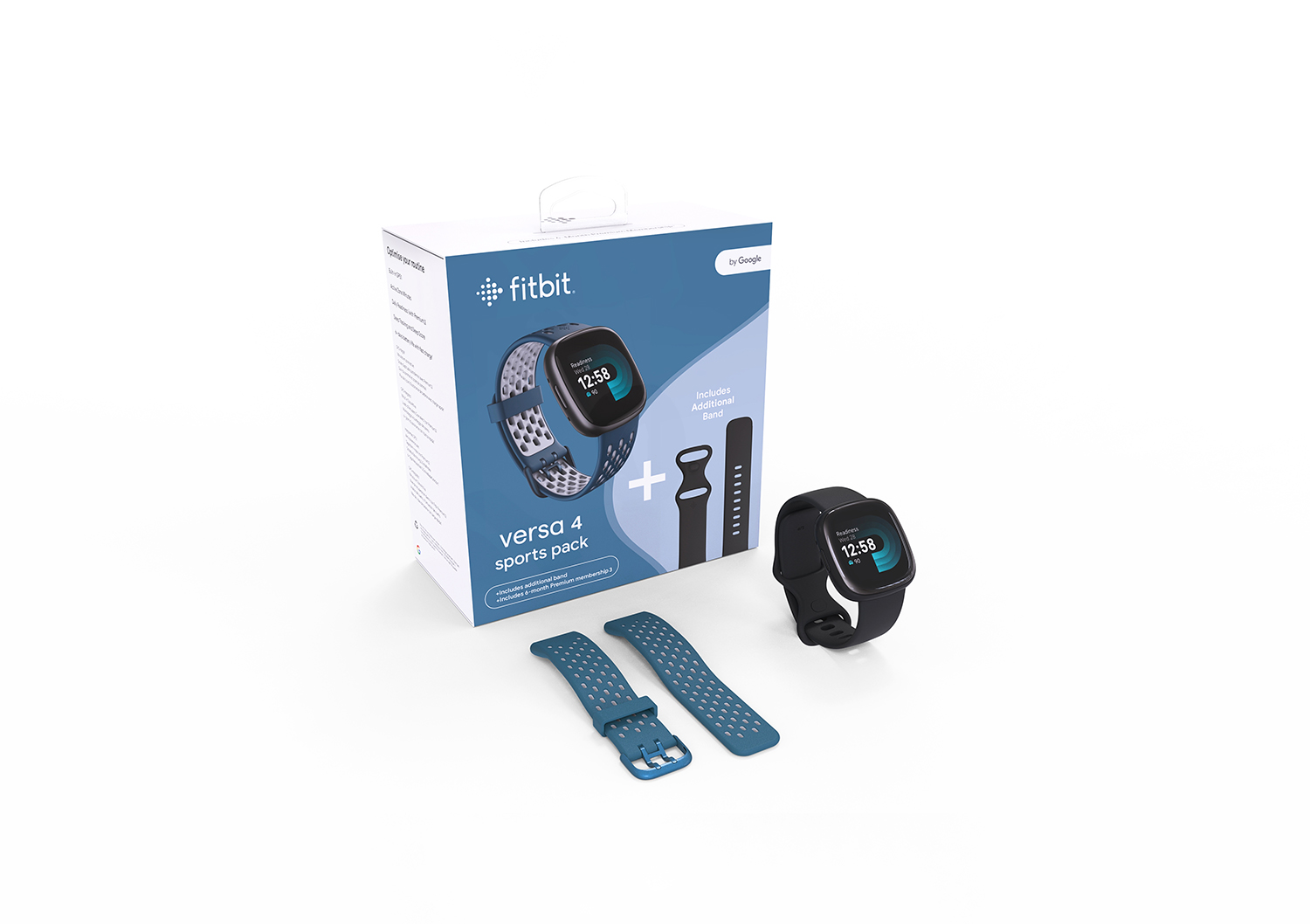 Fitbit Versa 4 sportpakket met smartwatch, twee bandjes en doos.