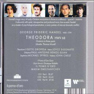 CD tok hátulja Händel Theodora-ról szóló szöveggel, portrékkal és szöveges részletekkel.