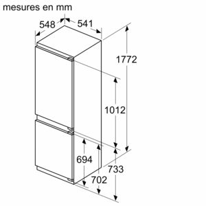 Schéma d'un réfrigérateur avec dimensions en millimètres, montrant hauteur et largeur.