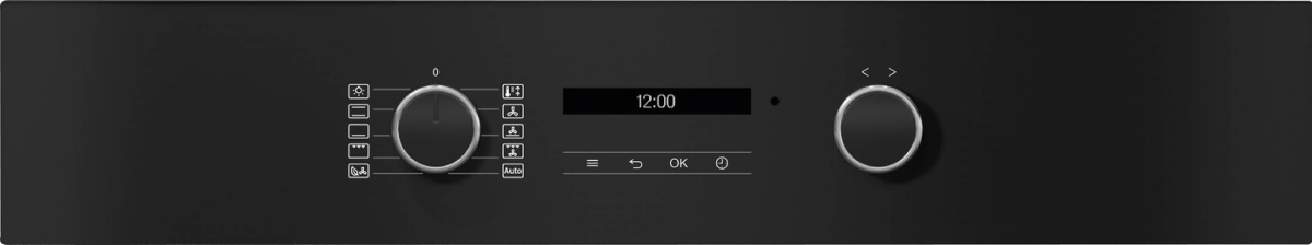Schwarzes Backofen-Bedienfeld mit zwei Drehreglern und einem Digitaldisplay. Das Display zeigt 12:00.