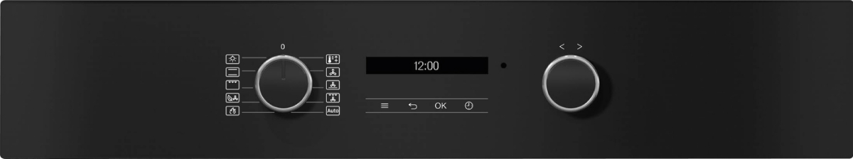 Schwarzes Bedienfeld des Ofens mit zwei Knöpfen und Digitalanzeige 12:00 Uhr. OK-Taste rechts.