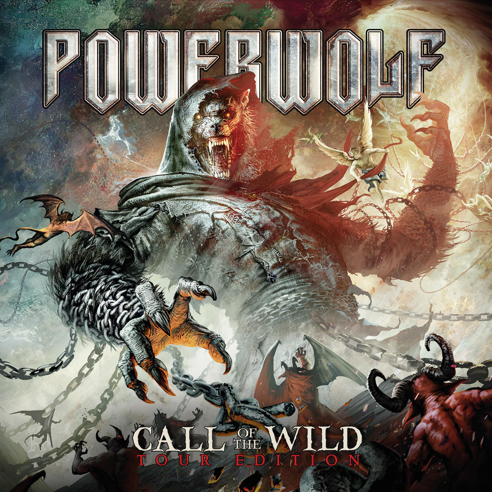 A Powerwolf 'Call of the Wild' című albumának borítója, egy farkas-szerű figurával és láncokkal.